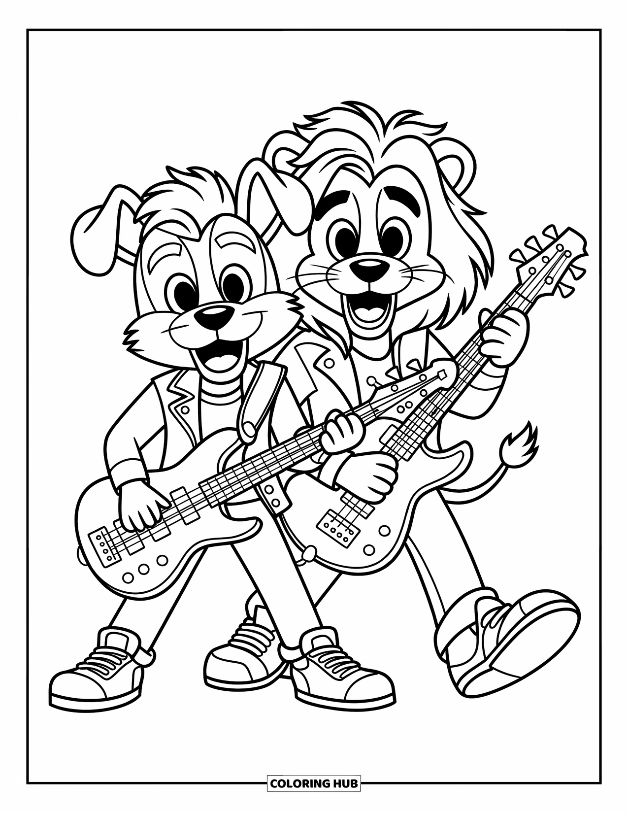 Coloriage de musique pour enfants : Un chien et un lion jouent du rock sur des guitares basses électriques dans des tenues amusantes et expressives