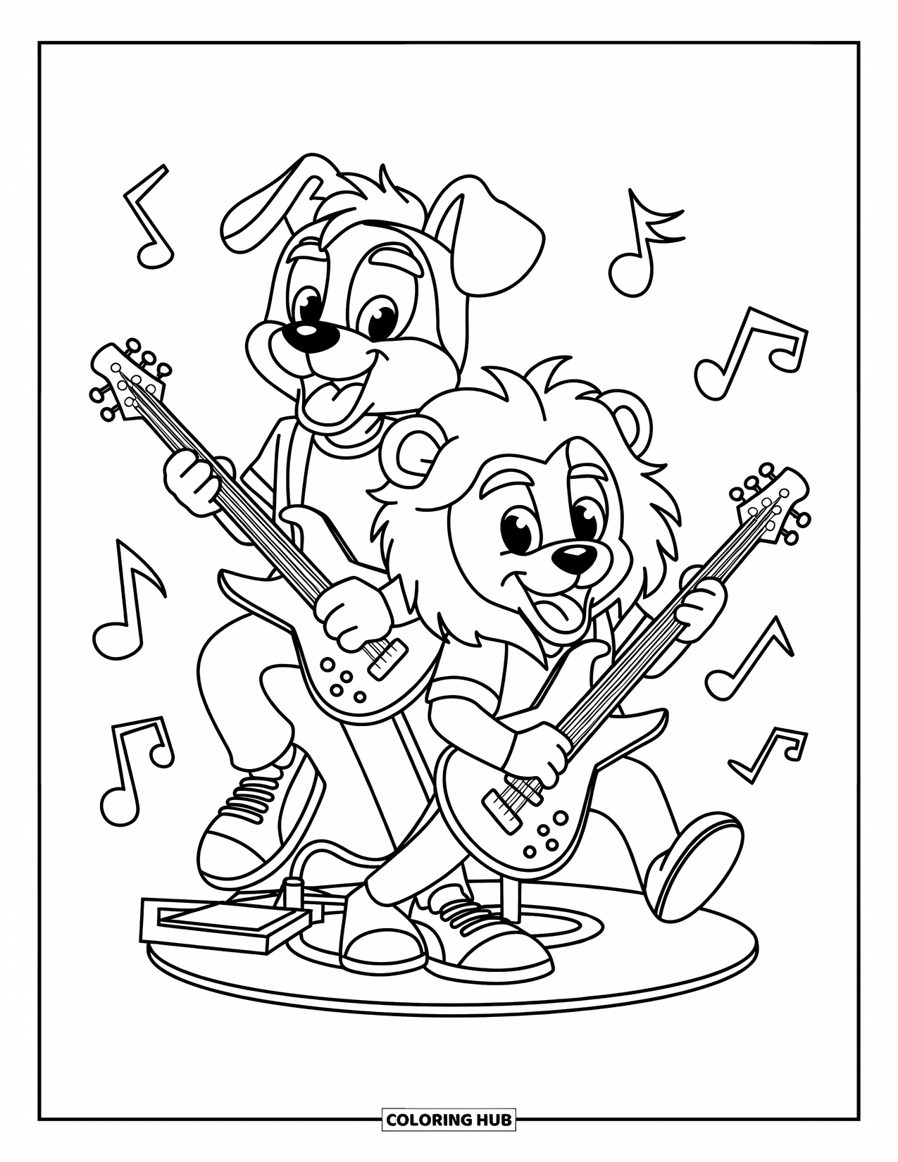 Coloriage de musique pour enfants : Un chien et un lion qui jouent du rock sur des guitares basses dans une scène de concert amusante et animée
