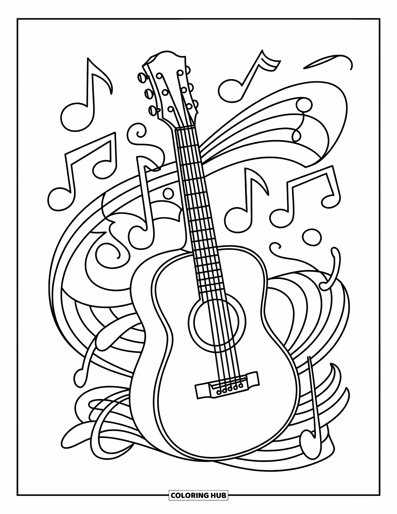 Coloriage de musique pour enfants : Une guitare acoustique s’appuie sur un pupitre avec des notes et des motifs abstraits tout autour