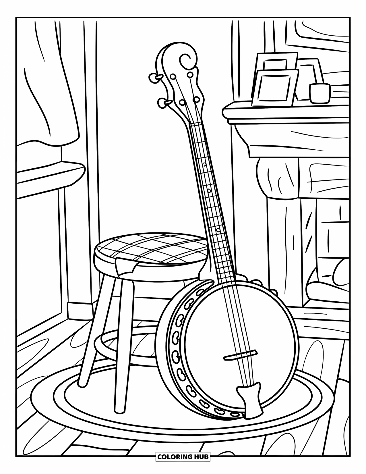 Coloriage de musique pour enfants : Un banjo près d’un tabouret avec un motif à carreaux et des détails de pièce confortables autour