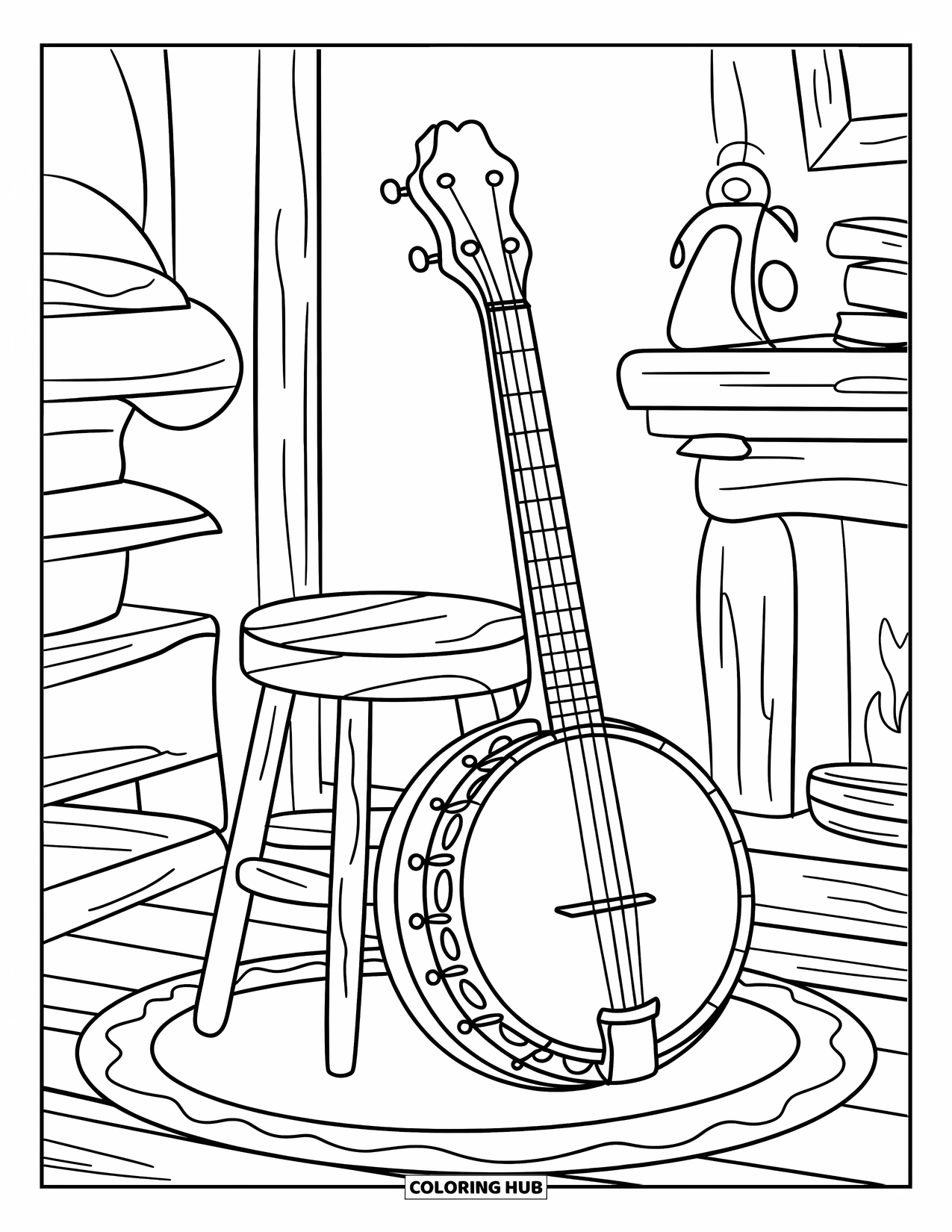 Coloriage de musique pour enfants : Un banjo appuyé contre un tabouret dans une pièce chaleureuse avec une cheminée et une lanterne à proximité