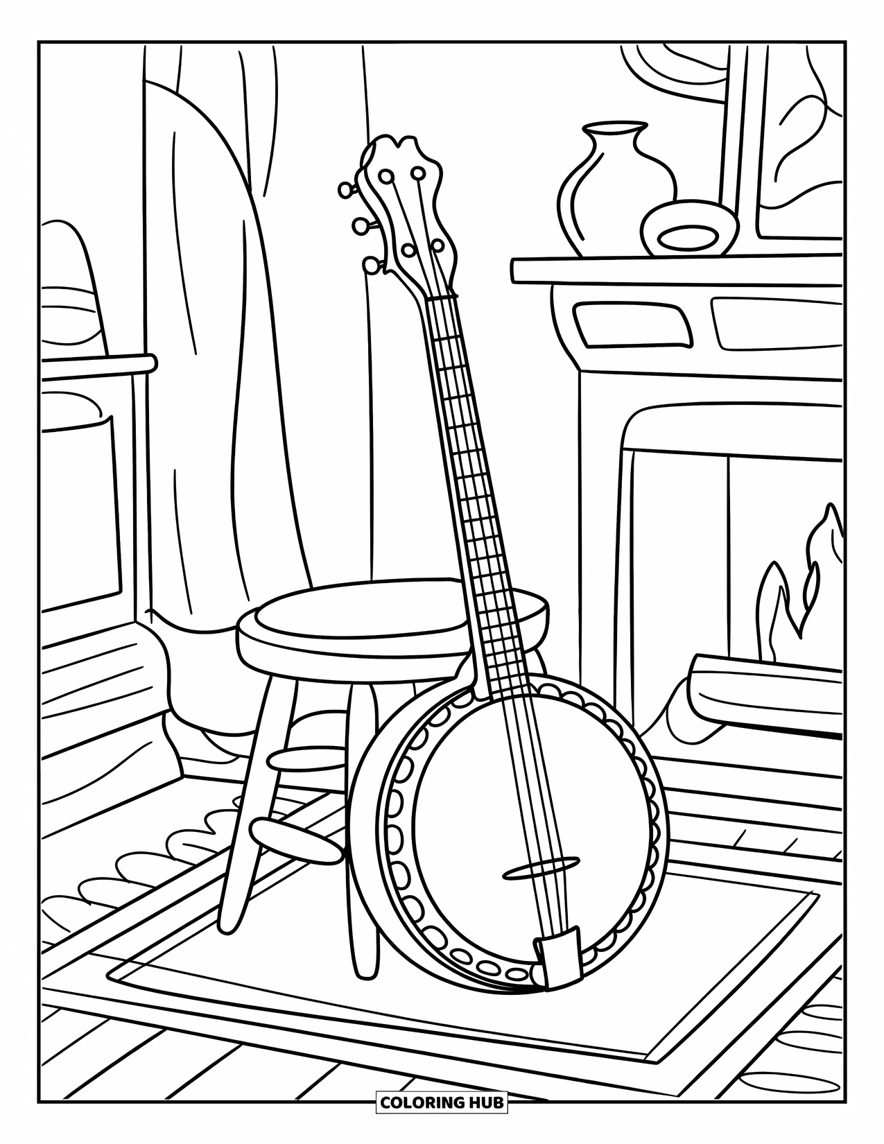 Coloriage de musique pour enfants : Un banjo reposant contre un tabouret confortable dans une pièce charmante et chaleureuse