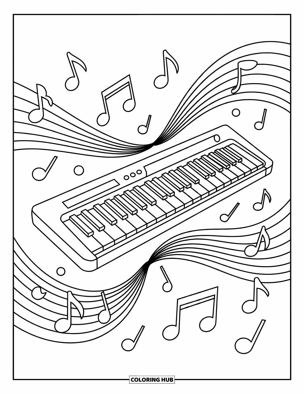 Coloriage de musique pour enfants : Un motif de clavier audacieux avec des lignes ondulées fluides et des notes de musique ludiques tout autour