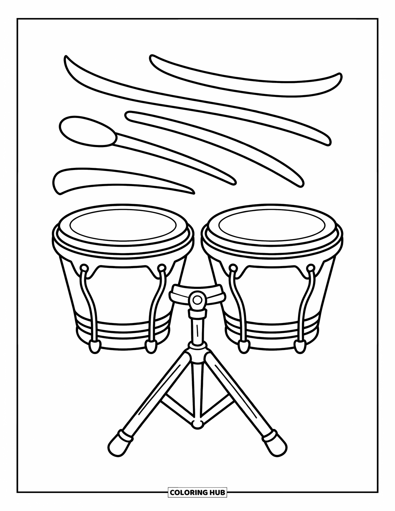 Coloriage de musique pour enfants : Bongos sur un support avec des lignes rythmiques flottant au-dessus dans un design amusant et vivant