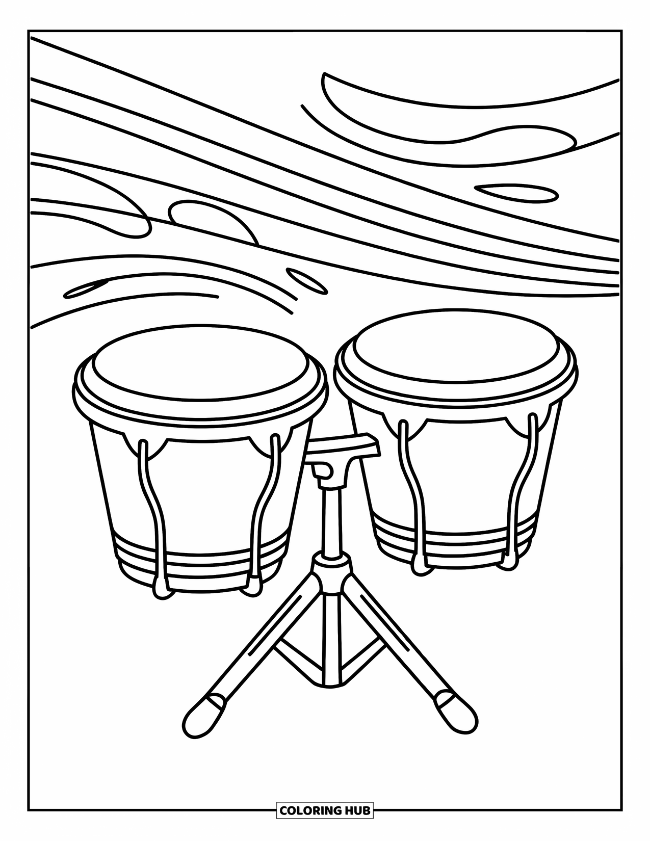 Coloriage de musique pour enfants : Des bongos avec des lignes incurvées au-dessus, créant une ambiance rythmique et ludique