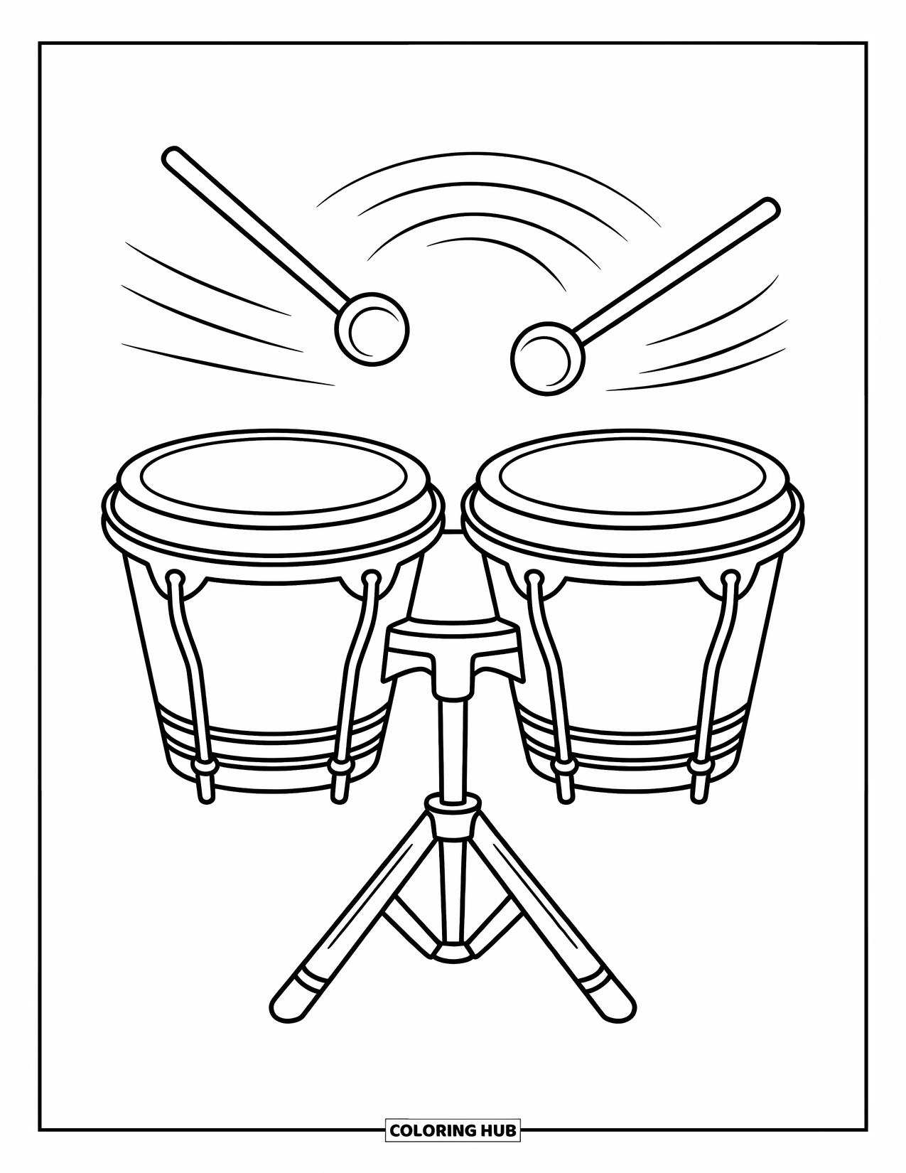 Coloriage de musique pour enfants : Bongos avec des lignes rythmiques ajoutant du mouvement et de l'énergie au design
