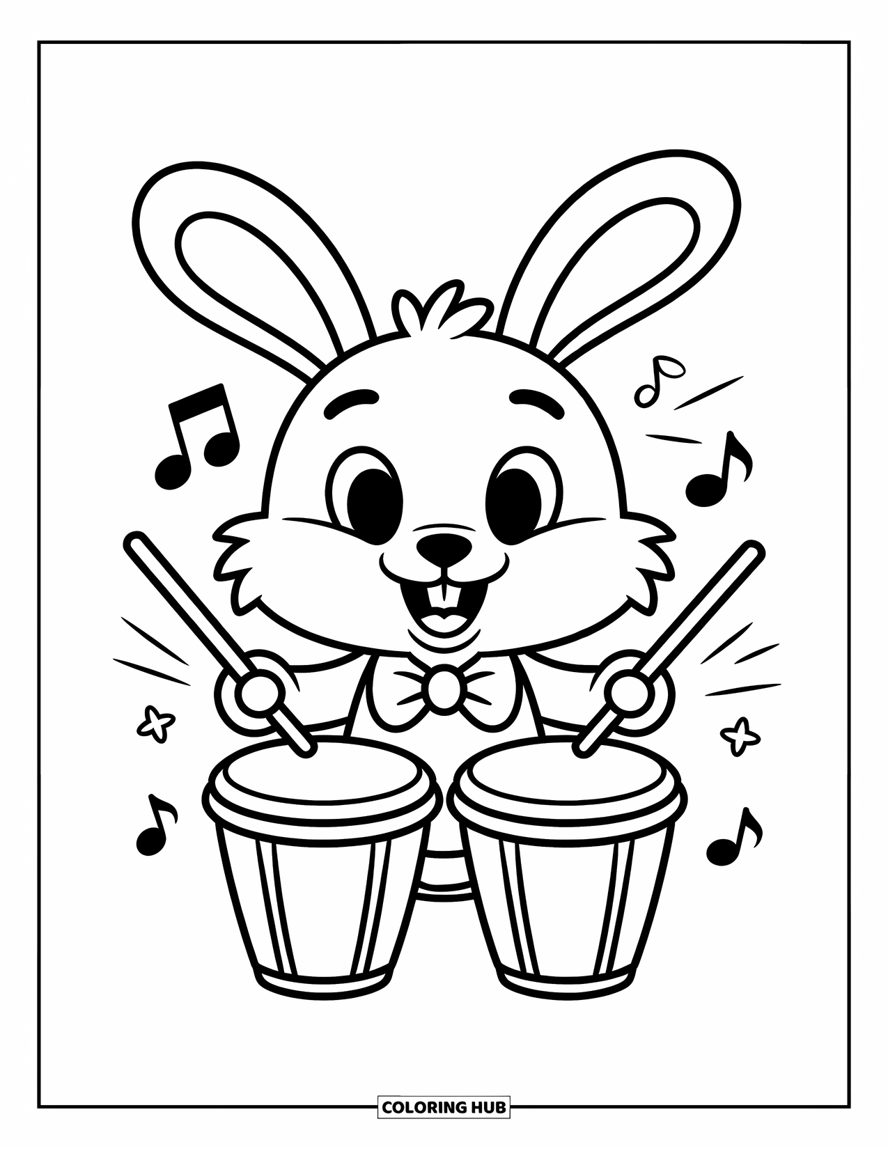 Coloriage de musique pour enfants : Un lapin joue des bongos avec des étoiles, des notes et un joyeux tourbillon musical