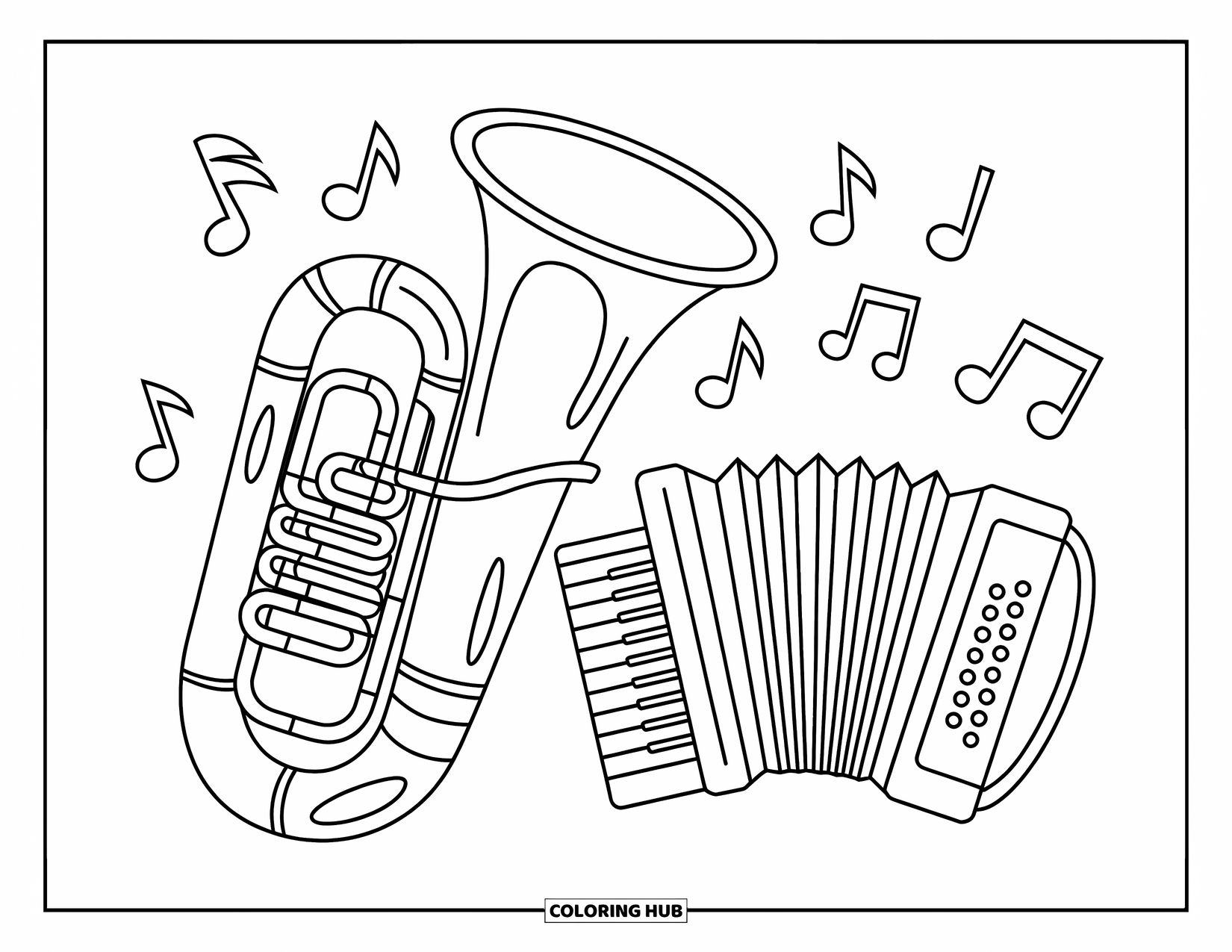 Coloriage de musique pour enfants : Un tuba et un accordéon joyeux avec des notes flottantes et une pose amusante et inclinée