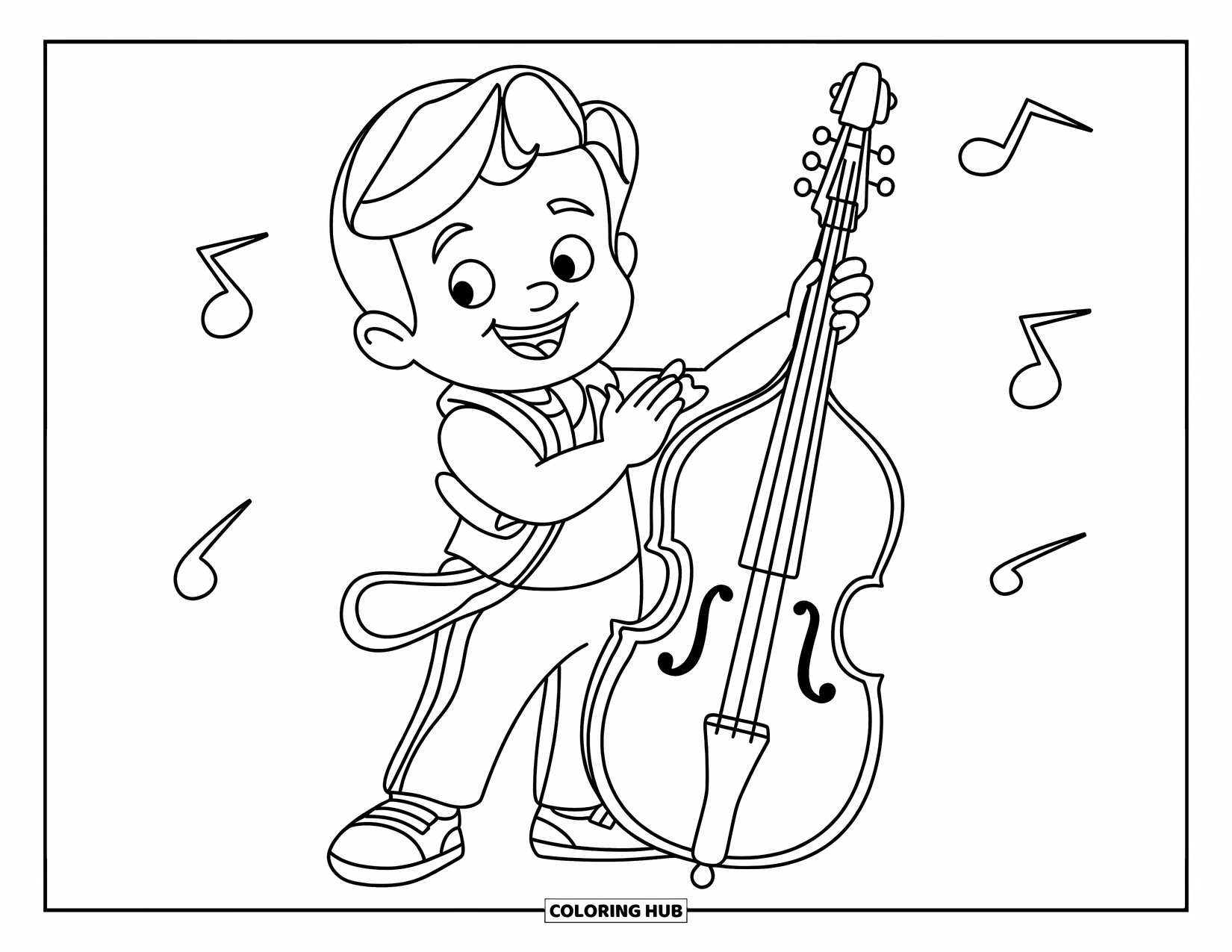 Coloriage de musique pour enfants : Un enfant applaudissant à côté d’une grande basse avec des notes de musique flottantes à proximité