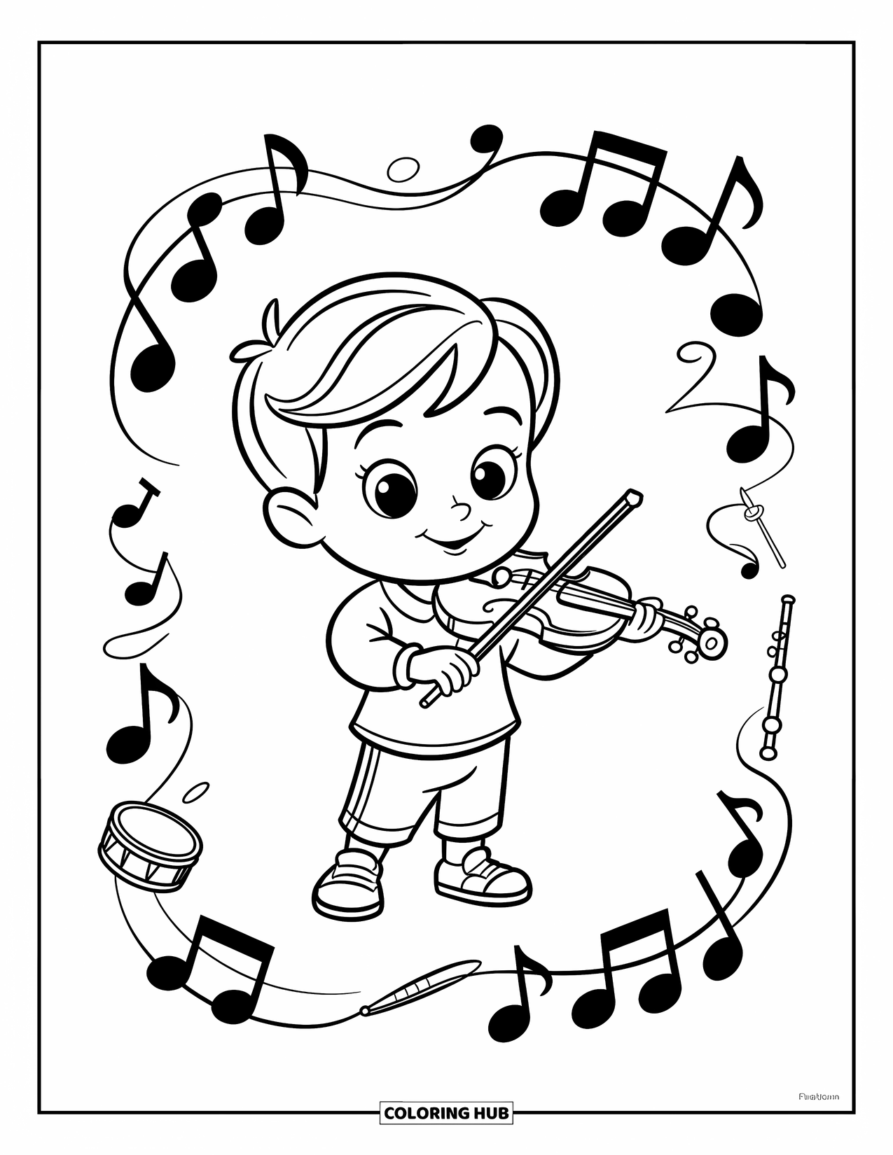 Coloriage de musique pour enfants : Un enfant joue du violon avec des notes, une batterie et une flûte tourbillonnant tout autour