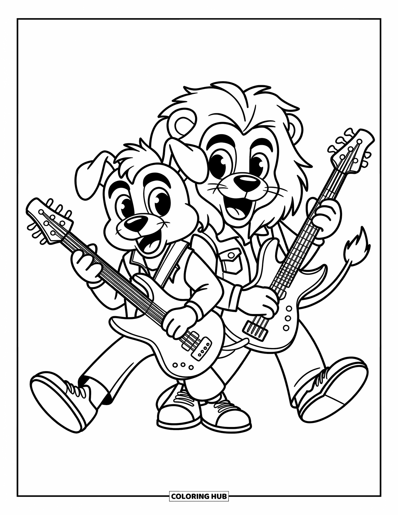 Coloriage de musique pour enfants : Un chien et un lion cool qui jouent de la guitare dans des vêtements de rock star audacieux