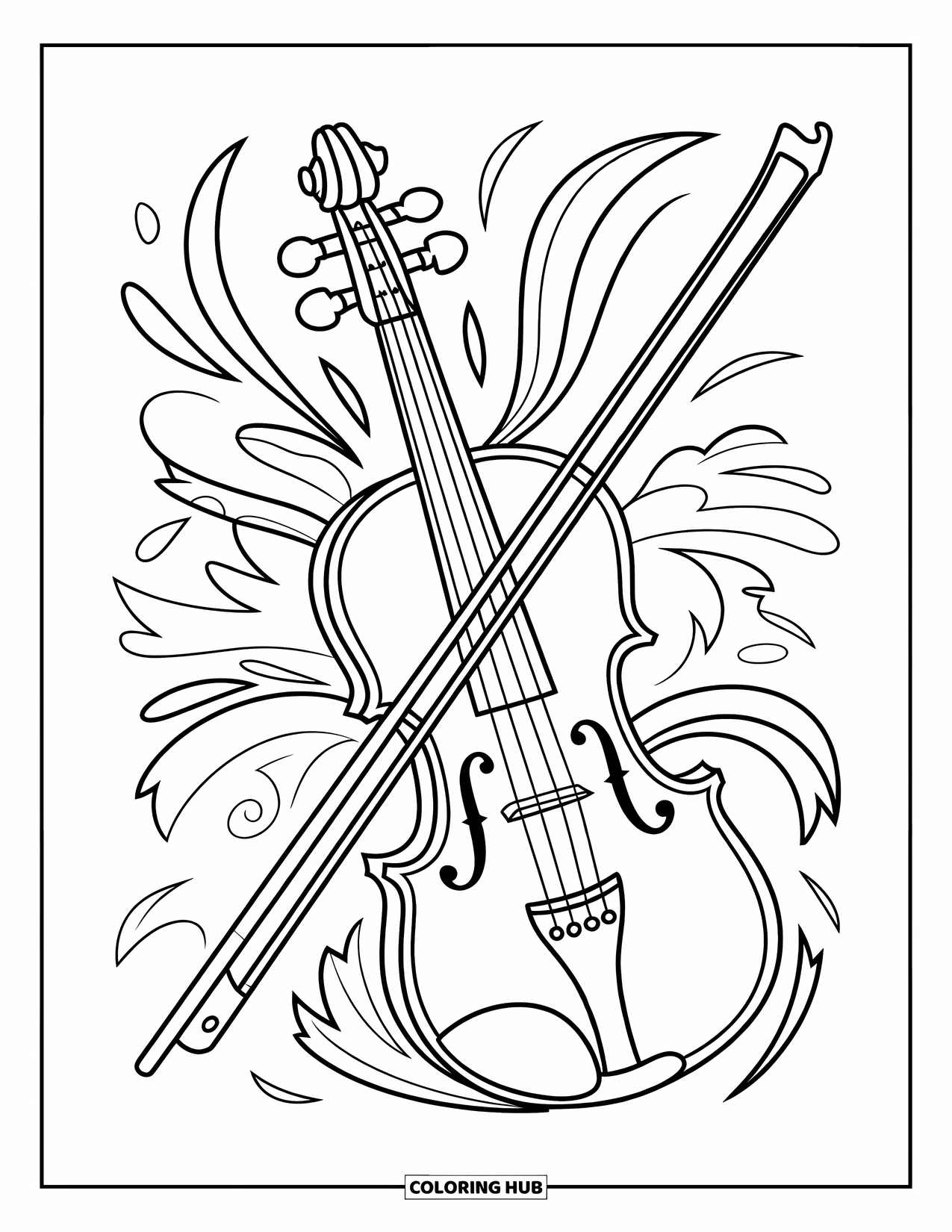 Coloriage de musique pour enfants : Un violon et un archet croisés avec des gravures, des tourbillons et des motifs artistiques