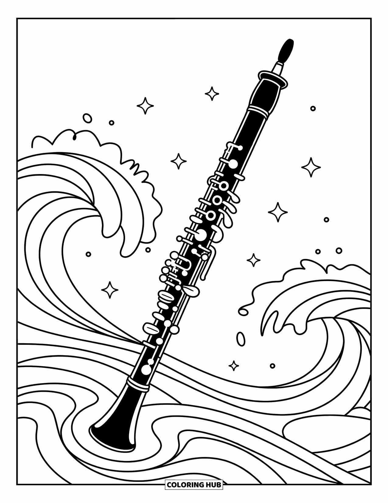 Coloriage de musique pour enfants : Un hautbois incurvé avec des motifs de vagues tourbillonnantes et de minuscules étoiles flottant tout autour