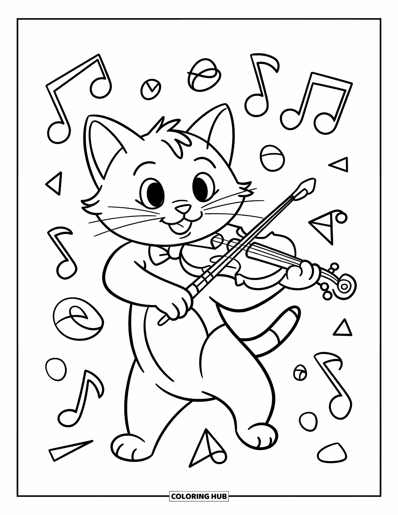 Coloriage de musique pour enfants : Chat mignon en mouvement jouant du violon avec des notes flottantes et des formes ludiques