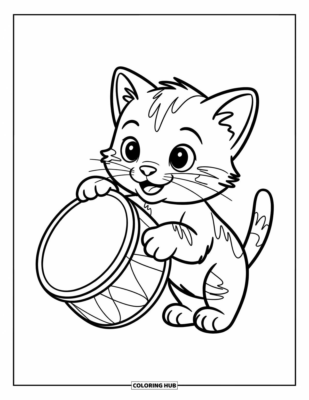Coloriage de musique pour enfants : Un chaton mignon avec une queue touffue enroulée à côté d’un grand tambour