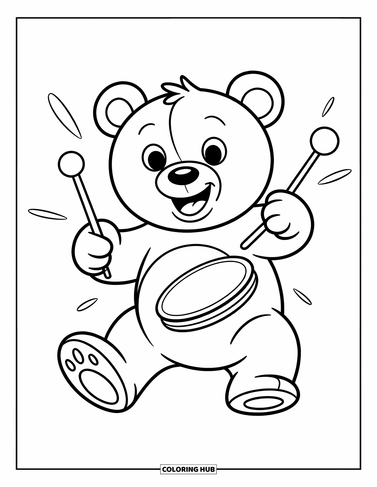 Coloriage de musique pour enfants : Un ours frappant des cymbales en mouvement avec des lignes audacieuses et un sourire joyeux