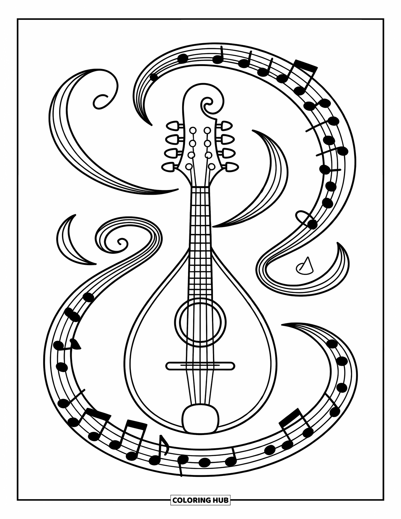 Coloriage de musique pour enfants : Une mandoline décorative encadrée par des tourbillons musicaux et de doux accents incurvés