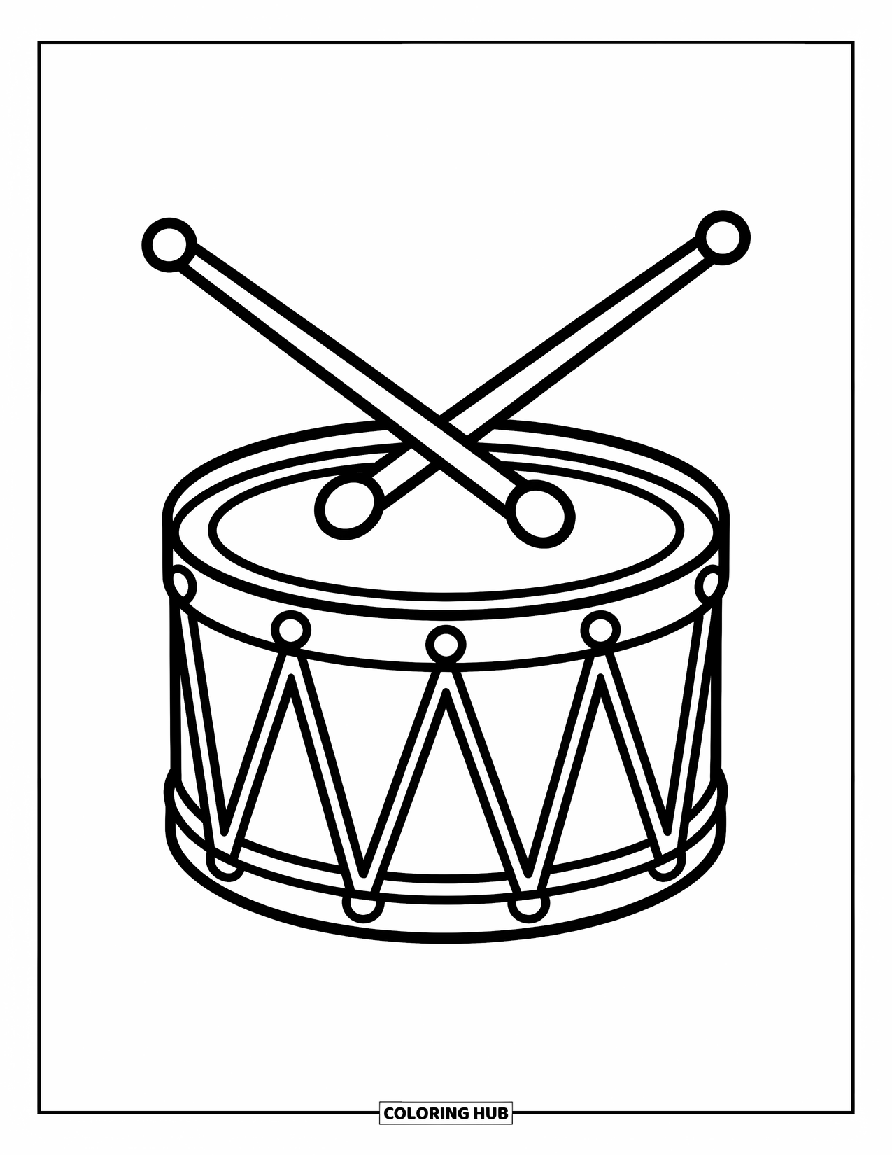 Coloriage de musique pour enfants : Une batterie avec des baguettes diagonales et des détails amusants de fanfare autour du bord