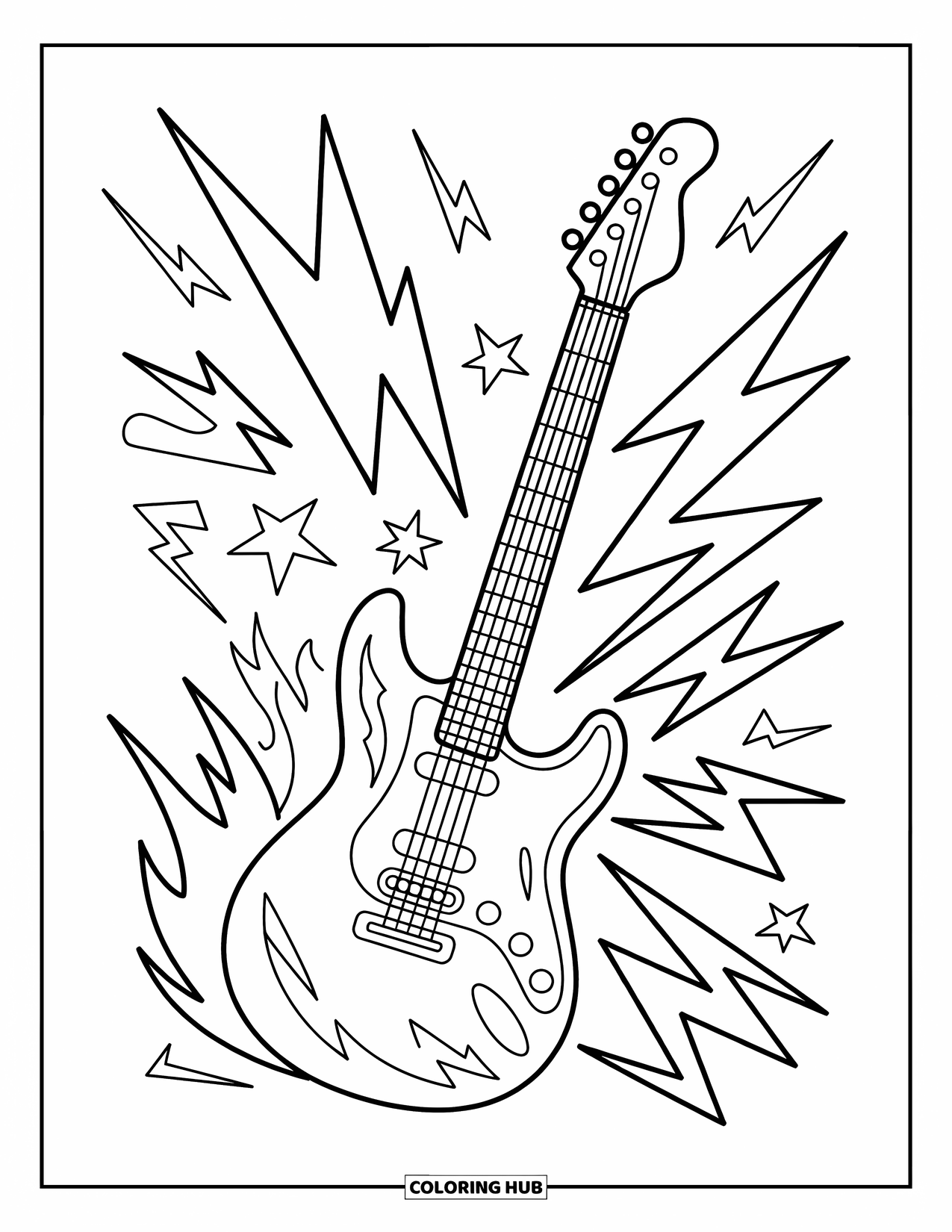 Coloriage de musique pour enfants : Une guitare électrique déborde de portées d’éclairs, d’étoiles et d’énergie audacieuse