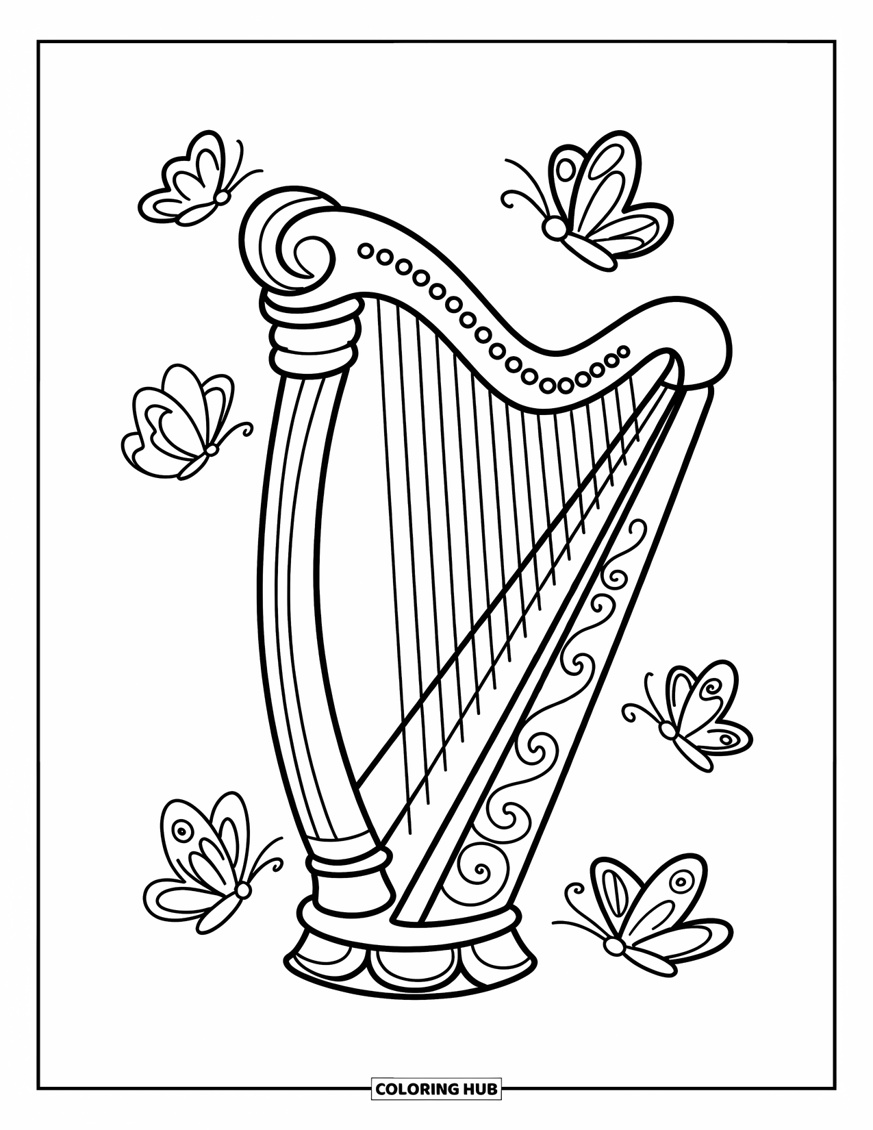 Coloriage de musique pour enfants : Harpe élégante avec des papillons flottant et des tourbillons décoratifs fluides