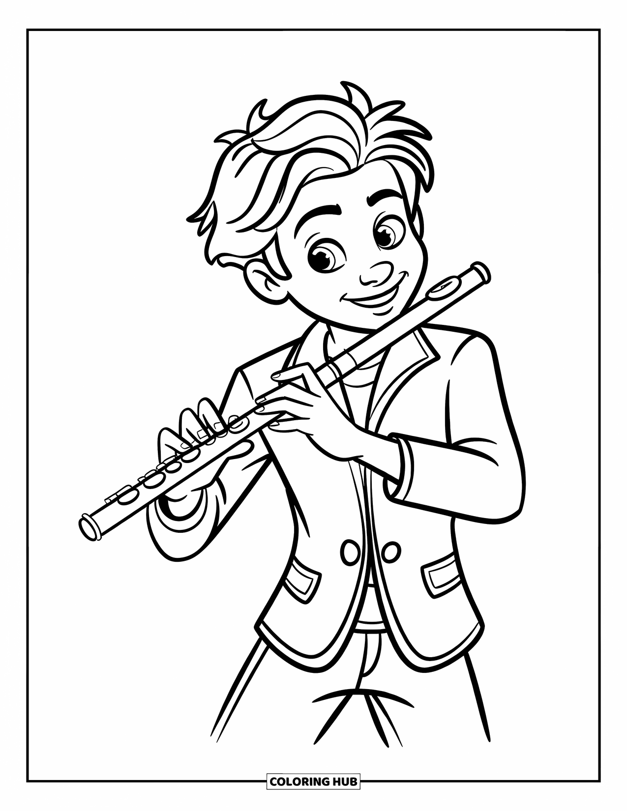 Coloriage de musique pour enfants : Un musicien expressif joue de la flûte dans une pose de performance amusante et engageante