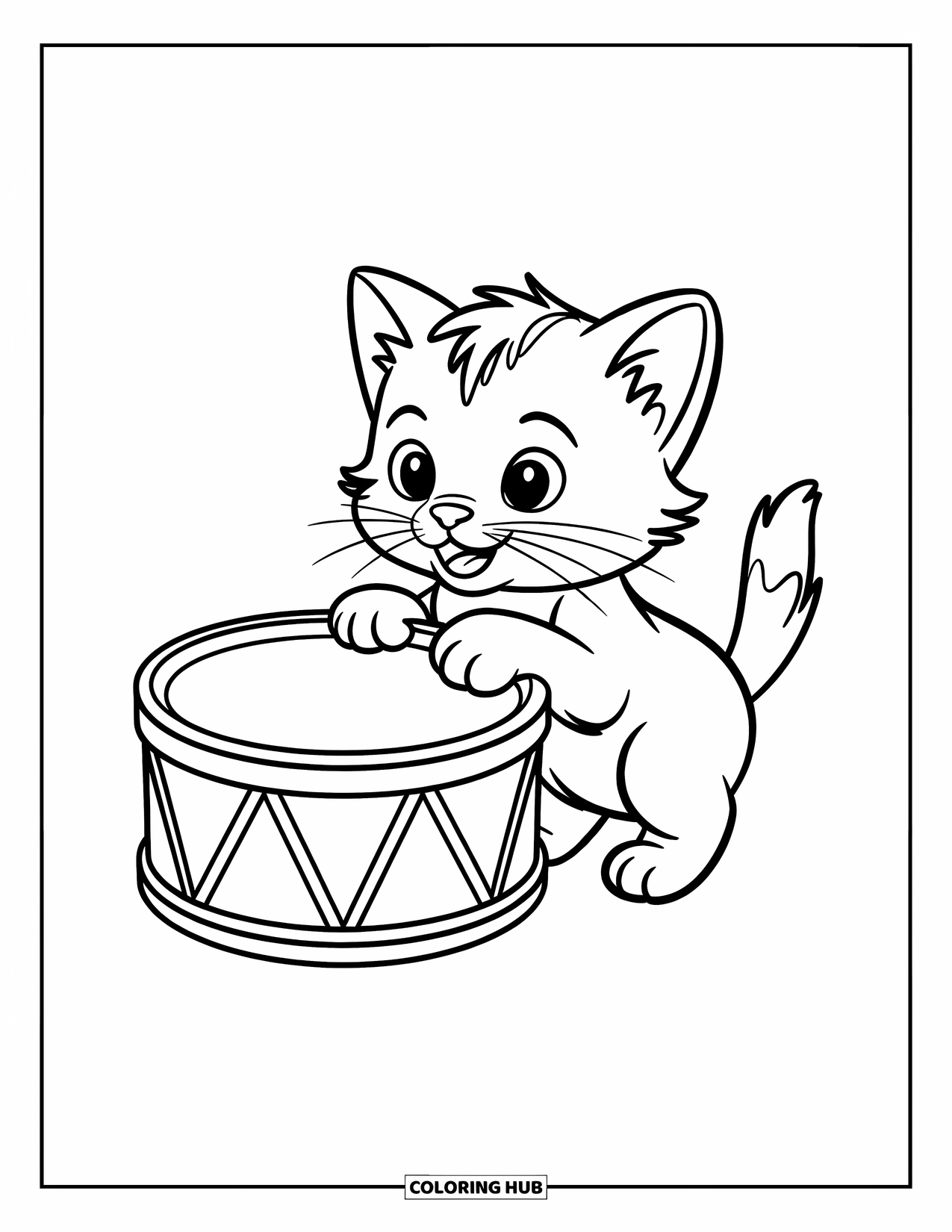 Coloriage de musique pour enfants : Un chaton duveteux à côté d’un tambour avec des bords décoratifs et une ambiance joyeuse