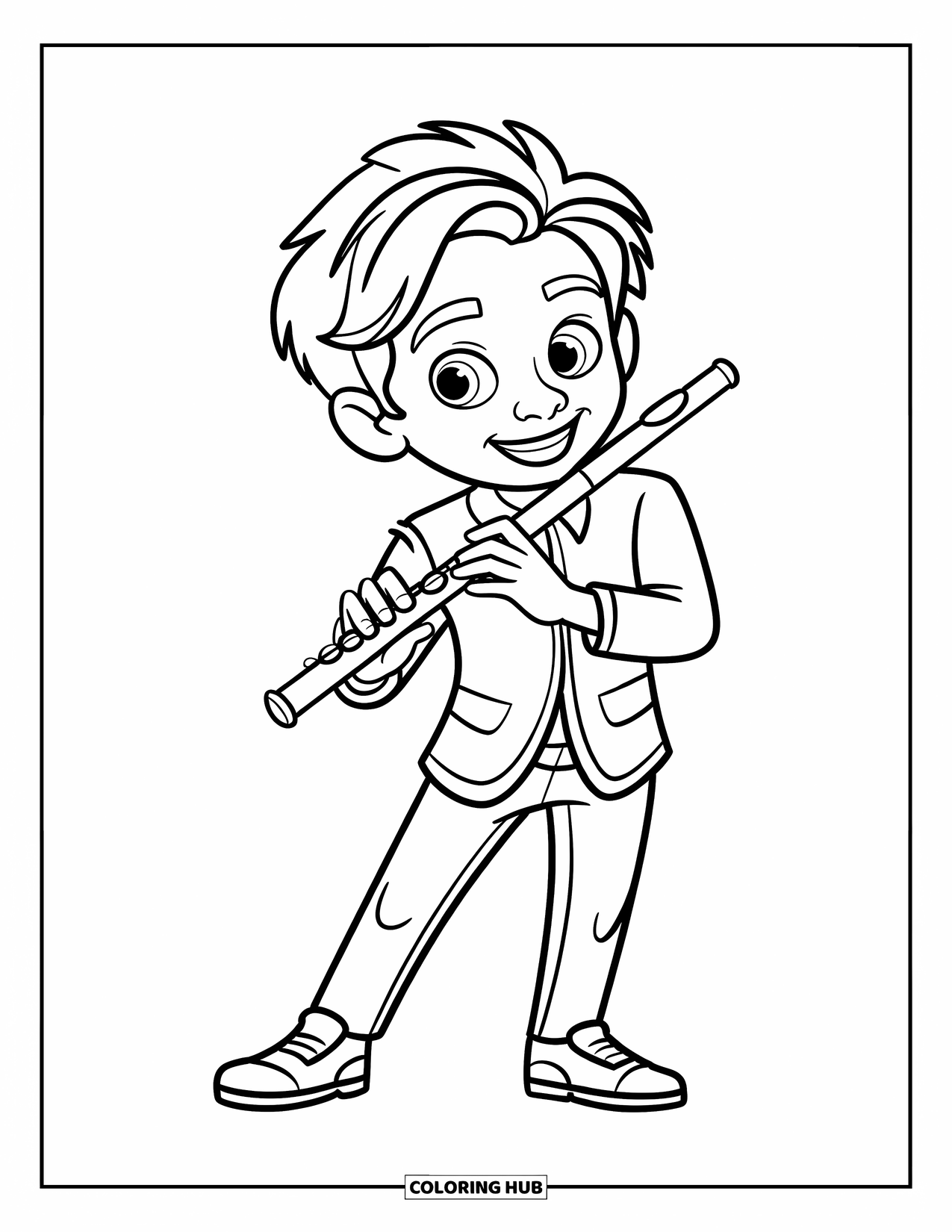 Coloriage de musique pour enfants : Un flûtiste capturé dans un moment vivant avec une ambiance moderne et artistique