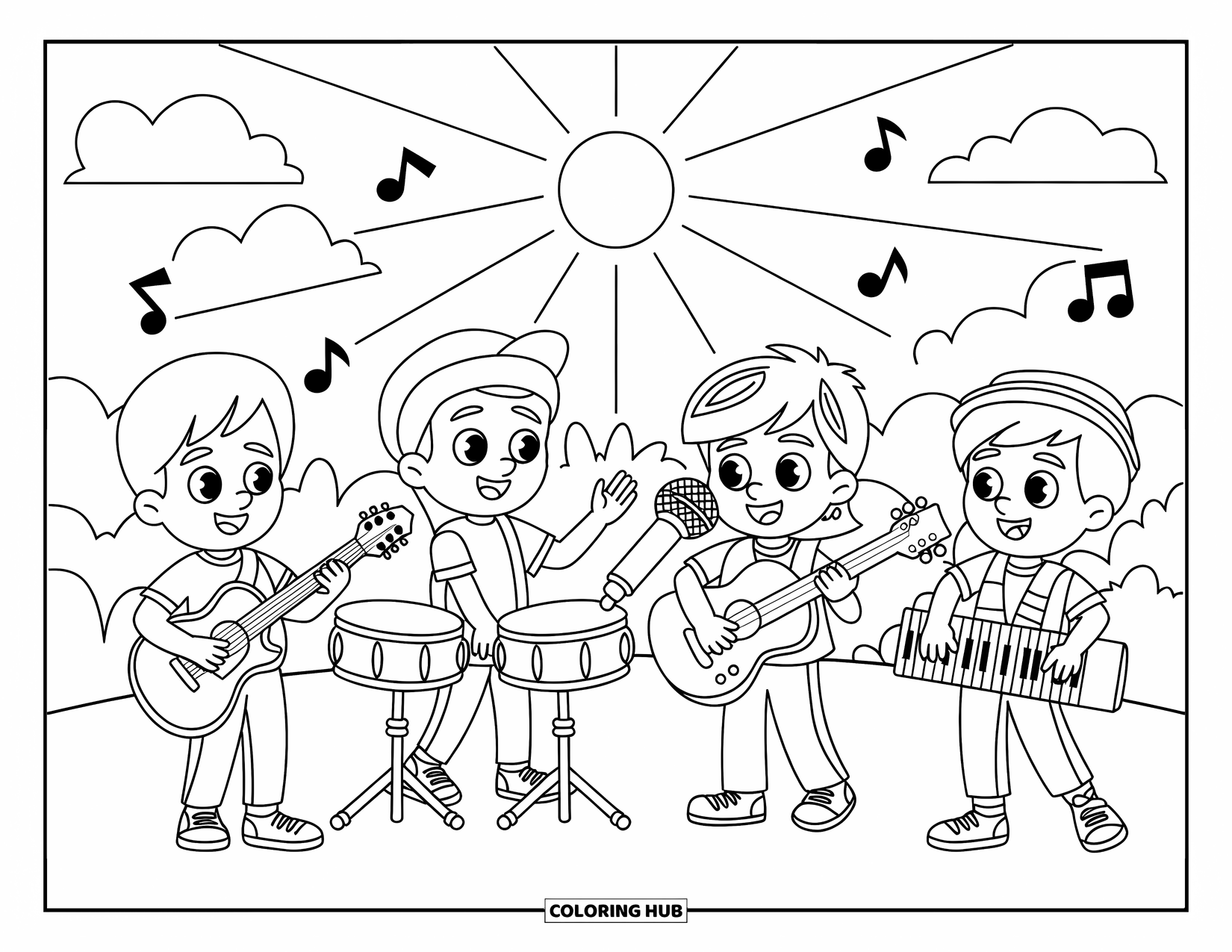 Coloriage de musique pour enfants : Quatre enfants jouent dans un groupe avec des guitares, une batterie, un clavier et des vibrations ensoleillées tout autour