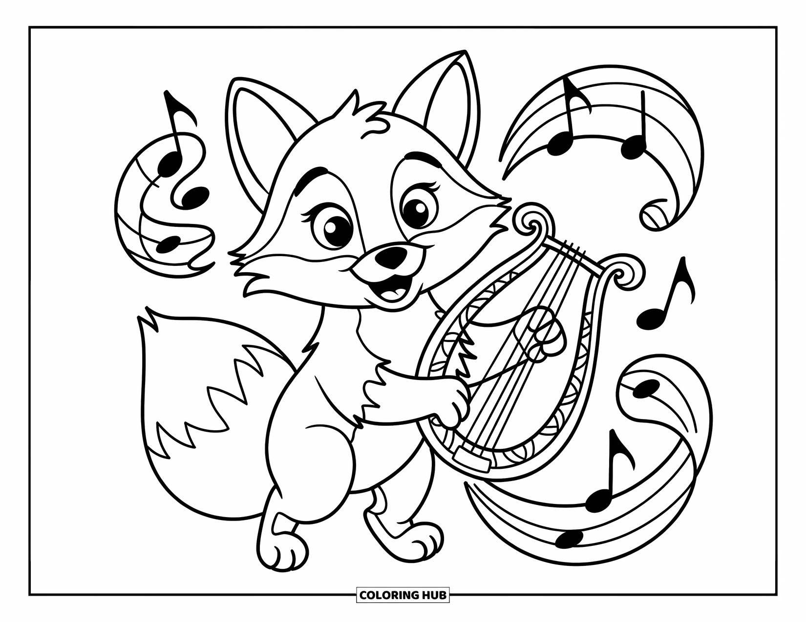 Coloriage de musique pour enfants : Un renard avec de grands yeux joue une lyre tandis que des boucles musicales dansent autour