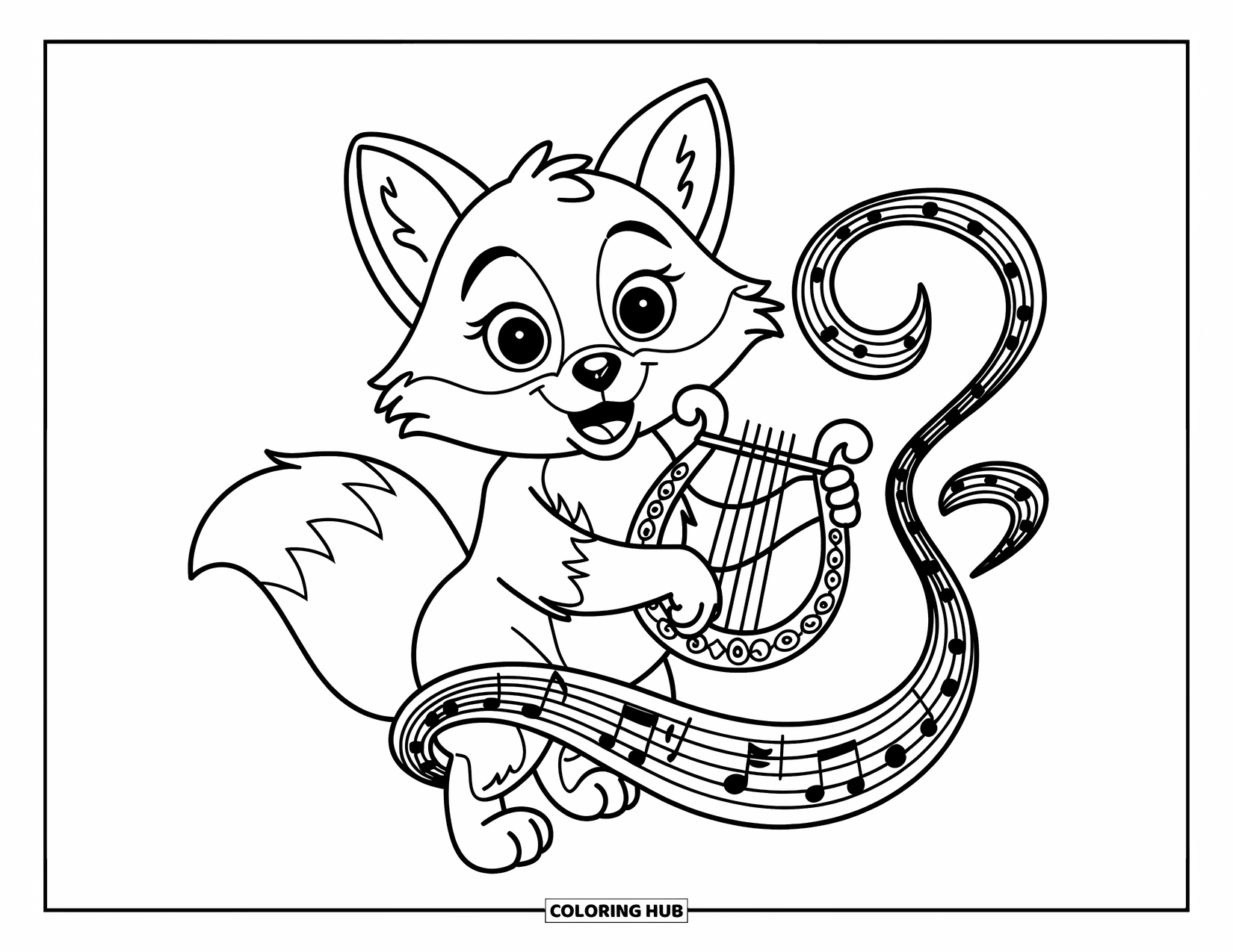 Coloriage de musique pour enfants : Un renard amical avec une lyre entouré de notes et de boucles musicales fluides