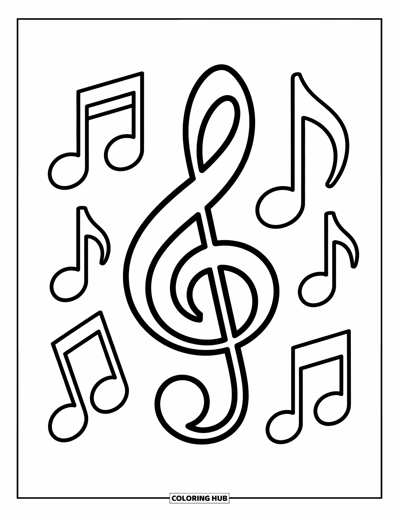 Coloriage de musique pour enfants : Une clé de sol géante avec des notes de musique éparpillées et des formes joyeuses