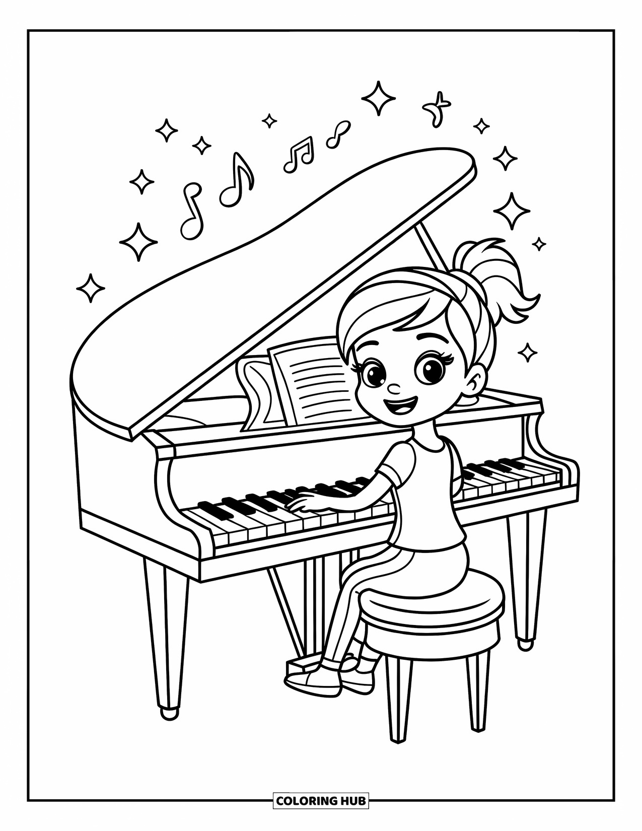 Coloriage de musique pour enfants : Une fille joue du piano avec des étincelles, des cœurs et des notes qui dansent autour d’elle