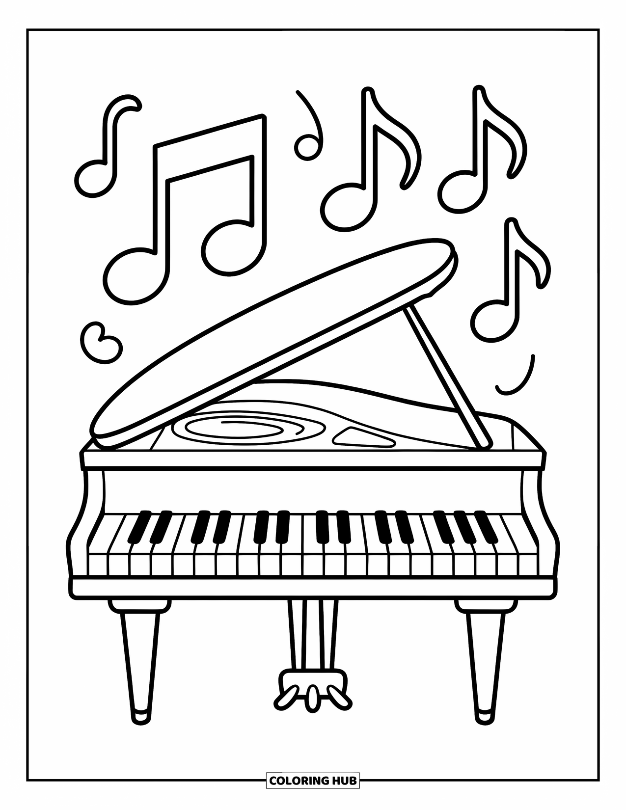 Coloriage de musique pour enfants : Un piano à queue entouré de grandes notes de musique dans une scène amusante et joyeuse