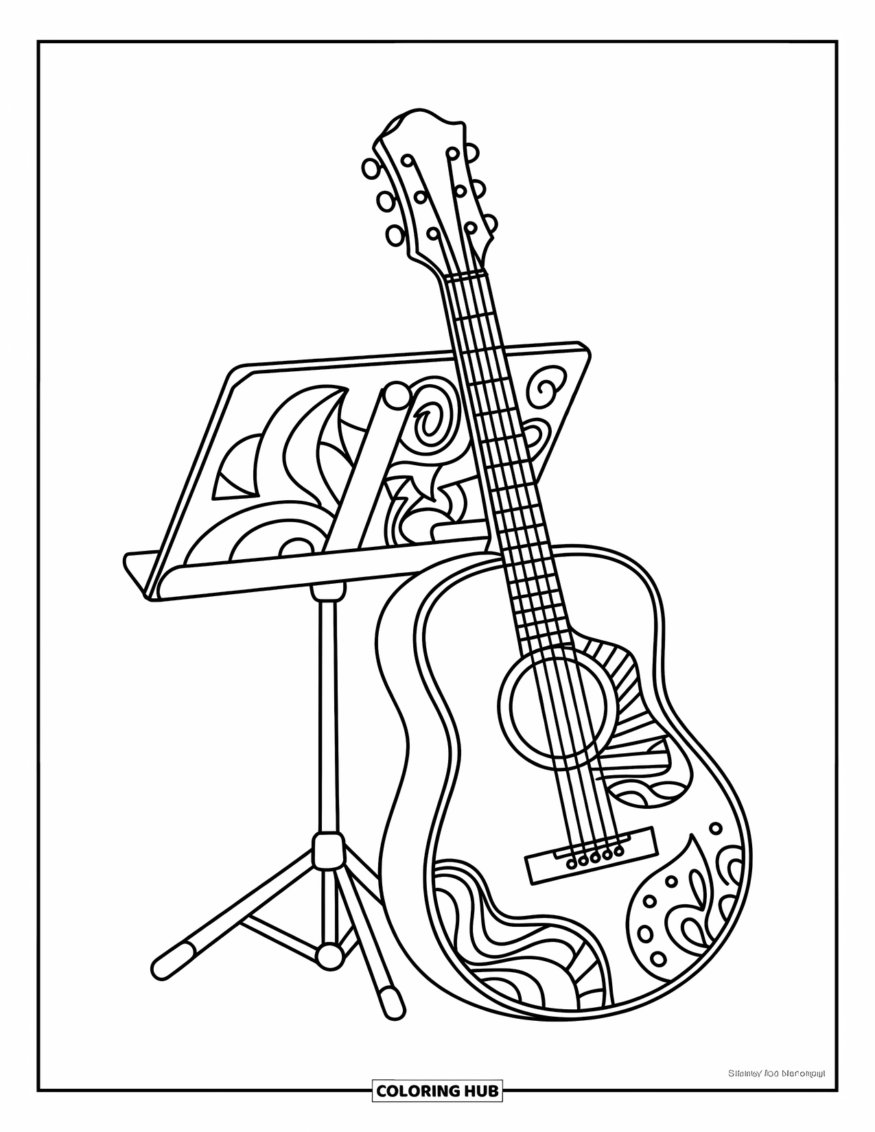 Coloriage de musique pour enfants : La guitare repose sur un support avec des motifs géométriques, des notes et des ornements artistiques