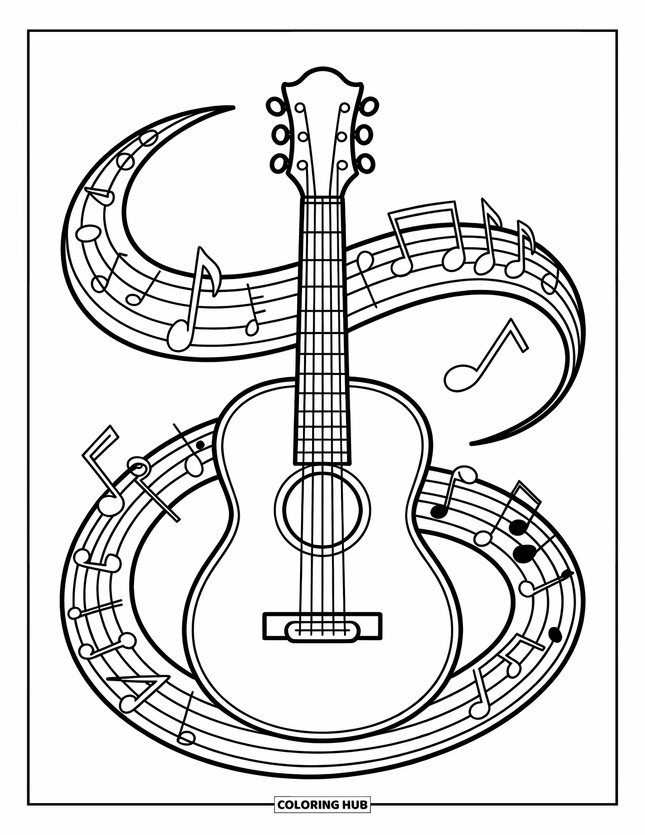 Coloriage de musique pour enfants : Une guitare entourée de portées incurvées et de symboles musicaux joyeux