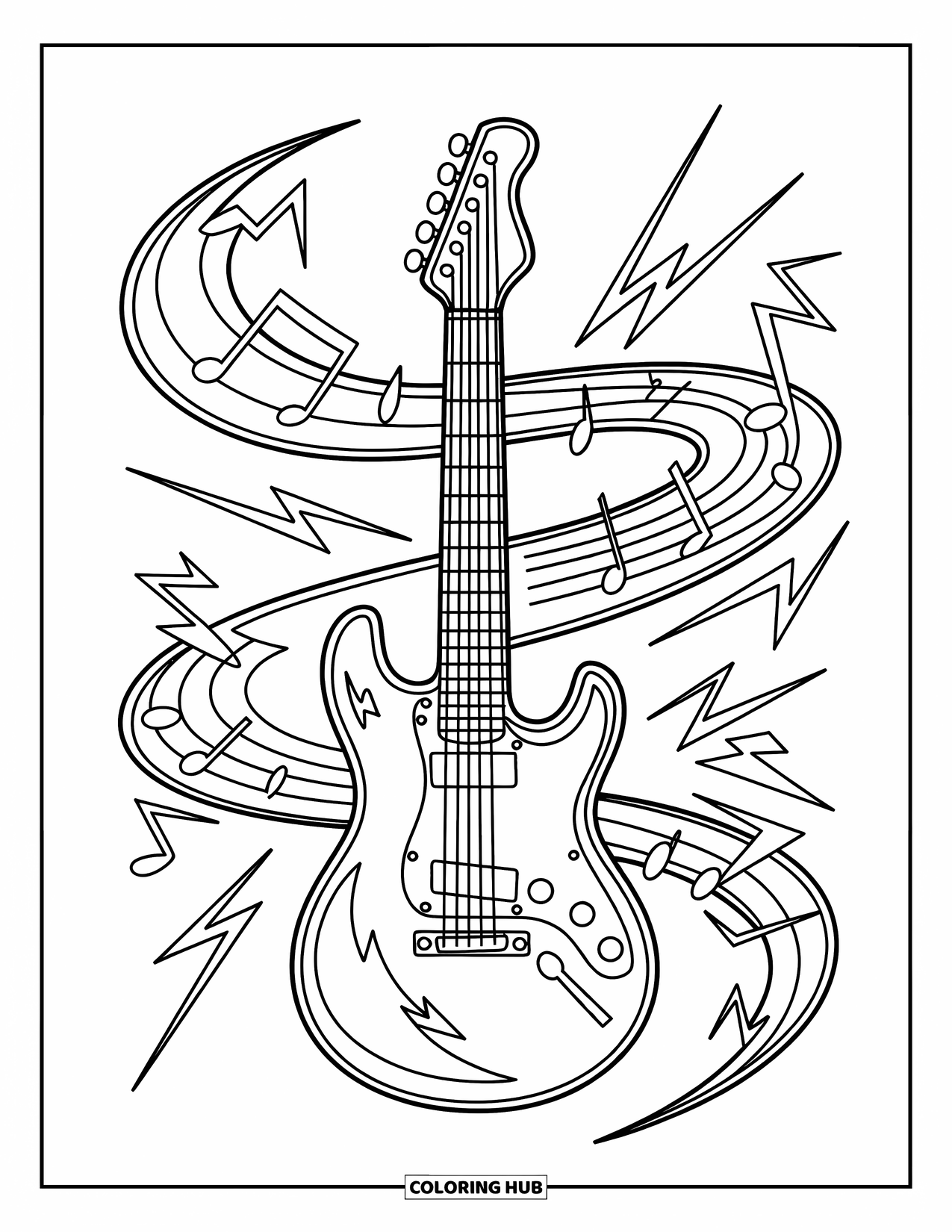 Coloriage de musique pour enfants : Une guitare avec des éclairs, des notes tourbillonnantes et une ambiance moderne audacieuse