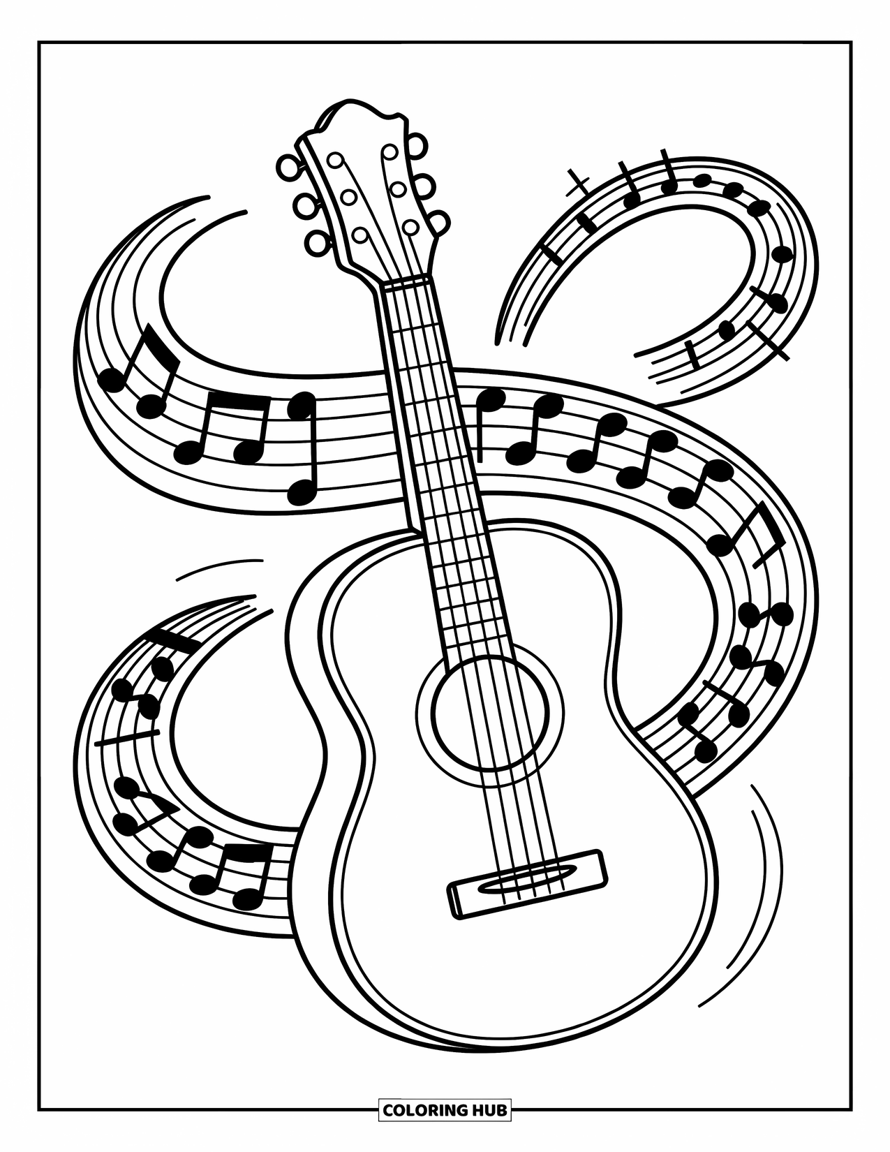 Coloriage de musique pour enfants : Une guitare avec des portées en boucle et des notes amusantes qui dansent autour