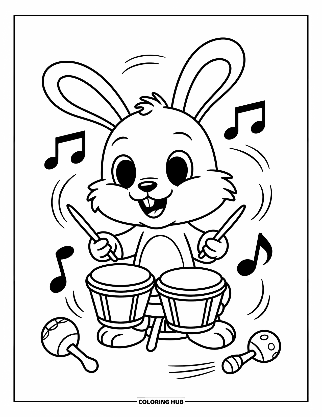 Coloriage de musique pour enfants : Un lapin joyeux sur un tabouret joue des bongos avec des notes, des maracas et des tambourins autour