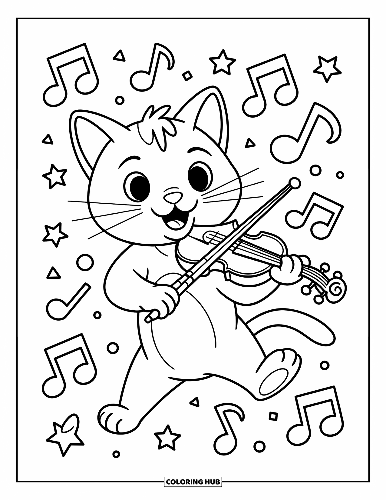 Coloriage de musique pour enfants : Un chat joyeux avec un violon, dansant parmi des étoiles, des cercles et des notes de musique