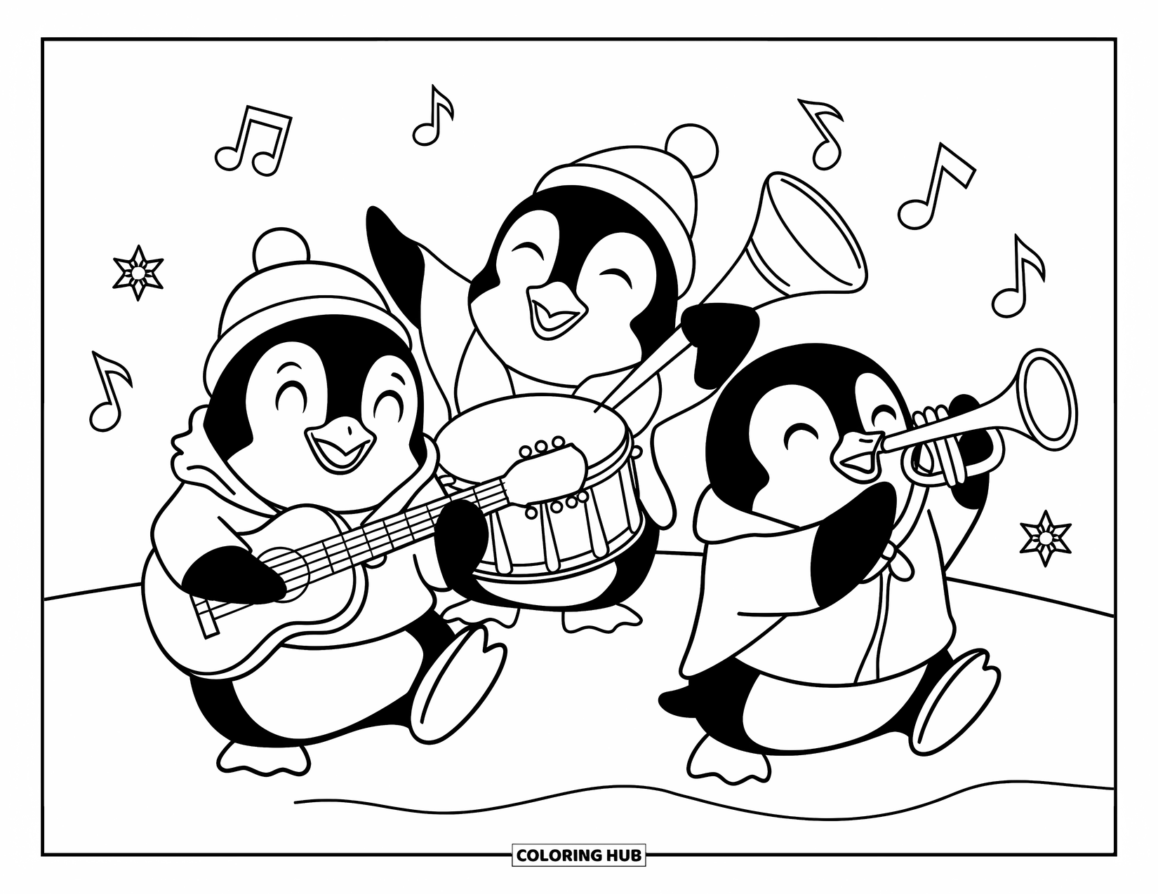 Coloriage de musique pour enfants : Un groupe de pingouins joyeux joue de la musique avec des flocons de neige et des vibrations joyeuses