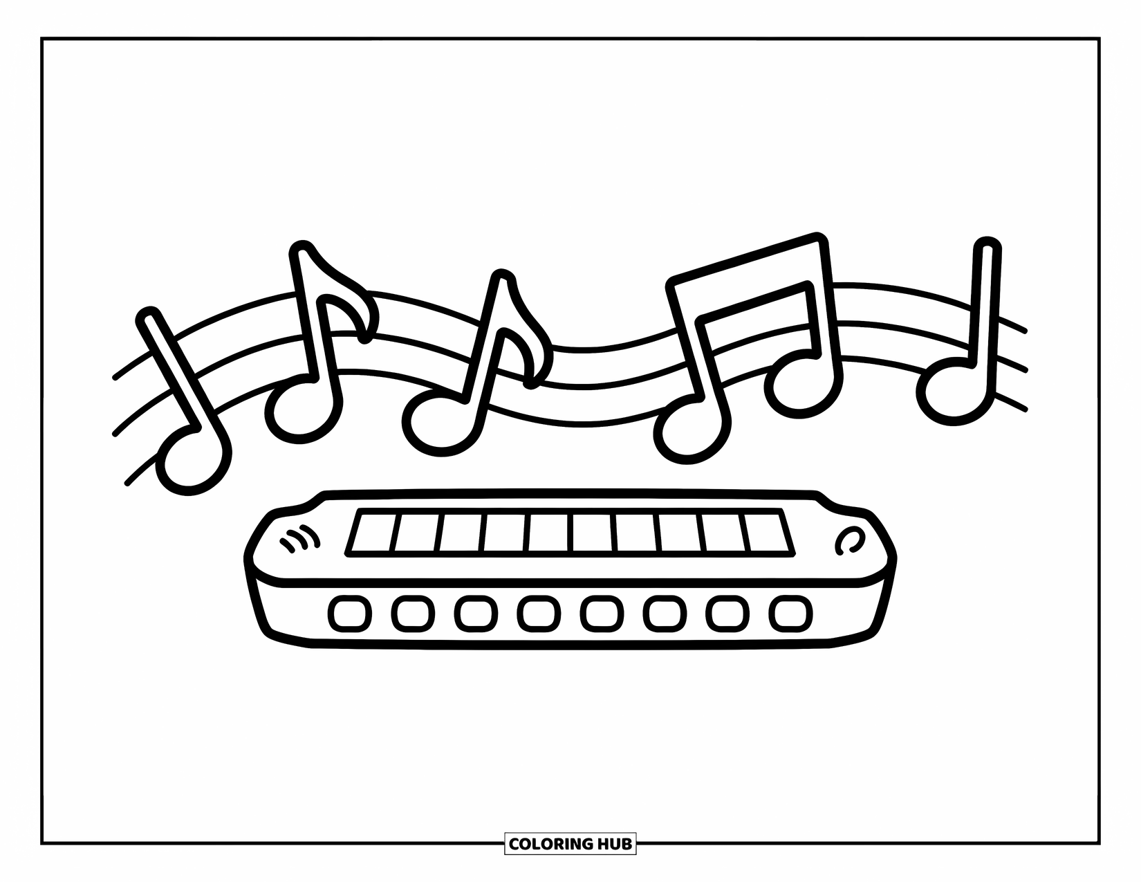 Coloriage de musique pour enfants : Un harmonica avec des notes de musique incurvées vers le haut dans une scène joyeuse et simple
