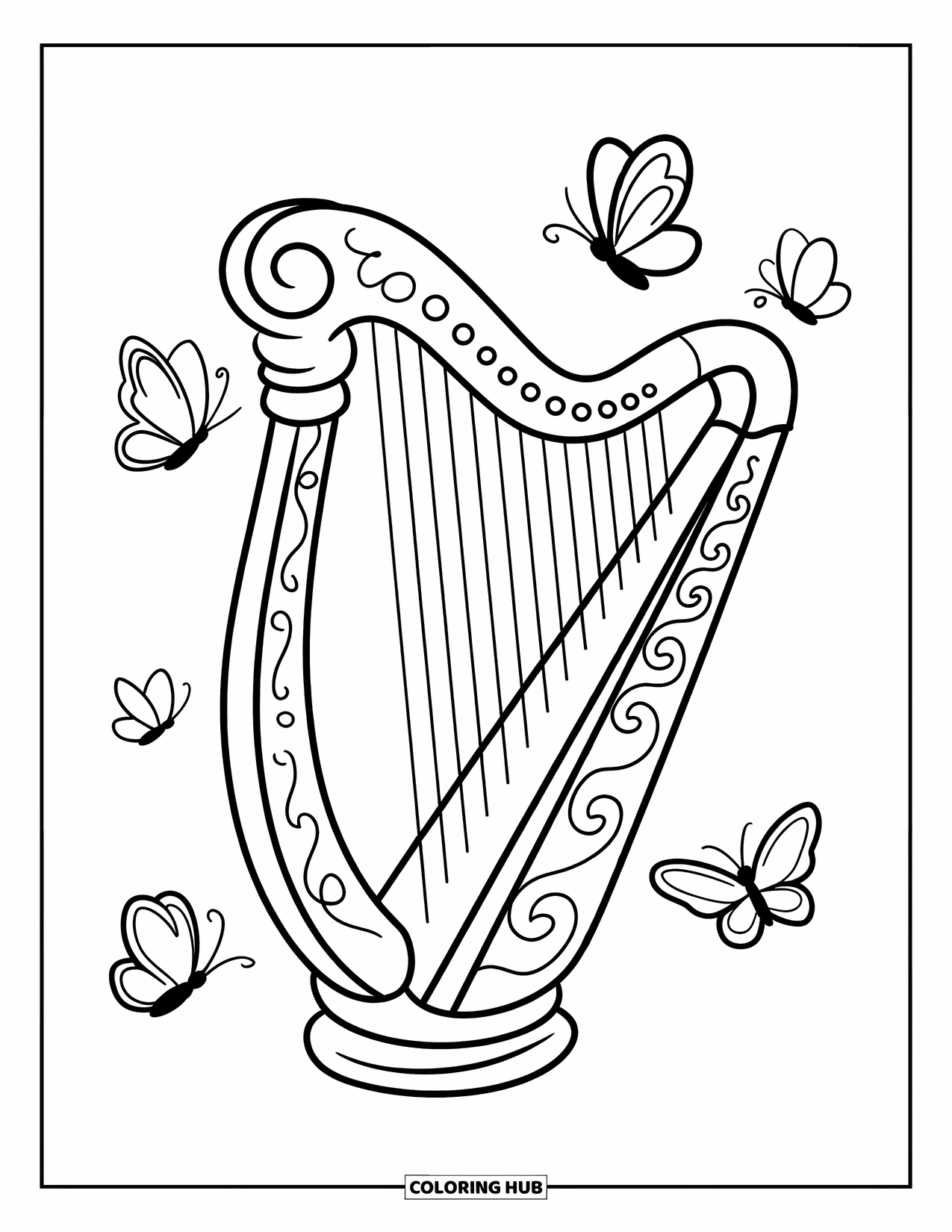 Coloriage de musique pour enfants : Une harpe avec des motifs tourbillonnants et des papillons flottant autour de ses cordes gracieuses