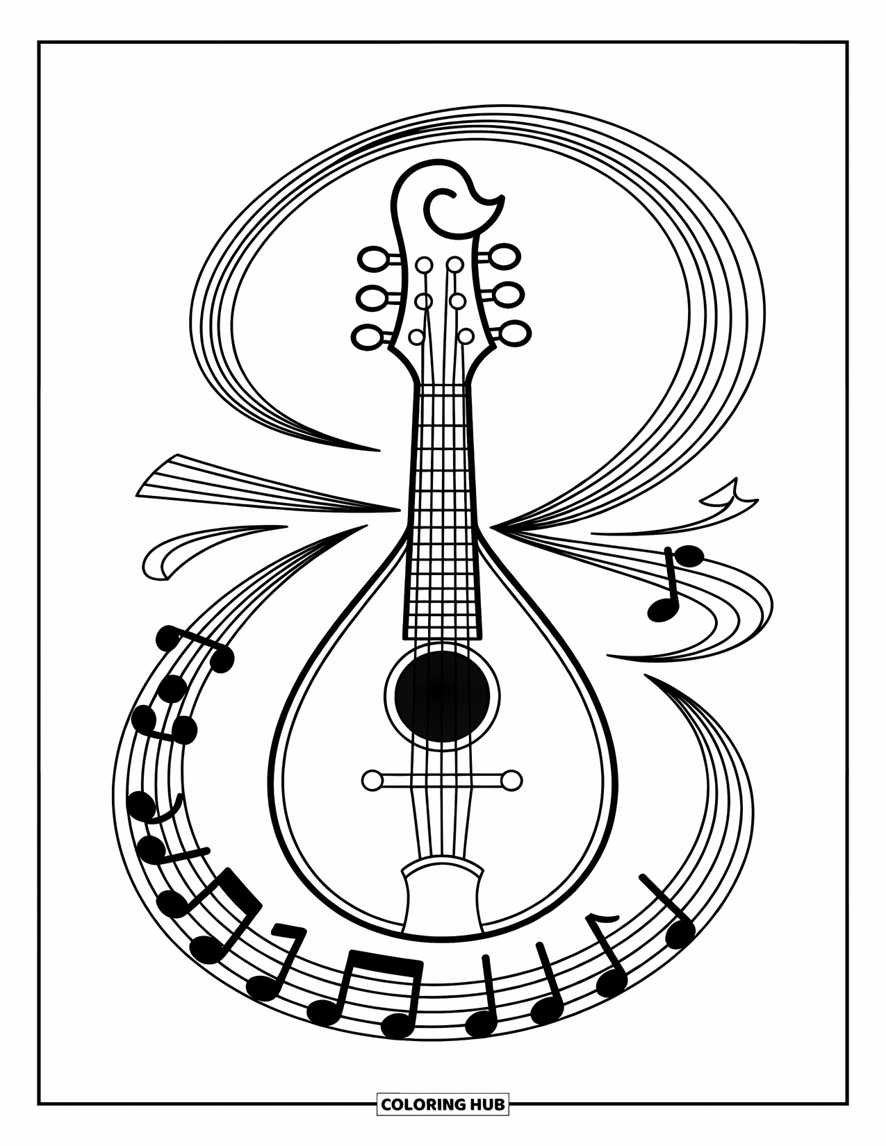 Coloriage de musique pour enfants : Un motif de mandoline complexe entouré de lignes fluides et de notes de musique ludiques