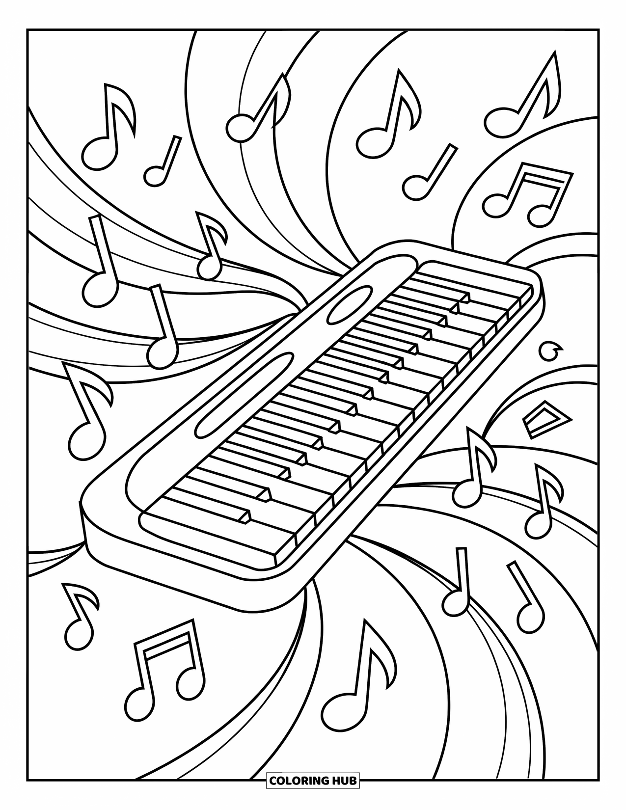 Coloriage de musique pour enfants : Clavier entouré de lignes de mouvement et de notes de musique dispersées dans un style amusant et dynamique