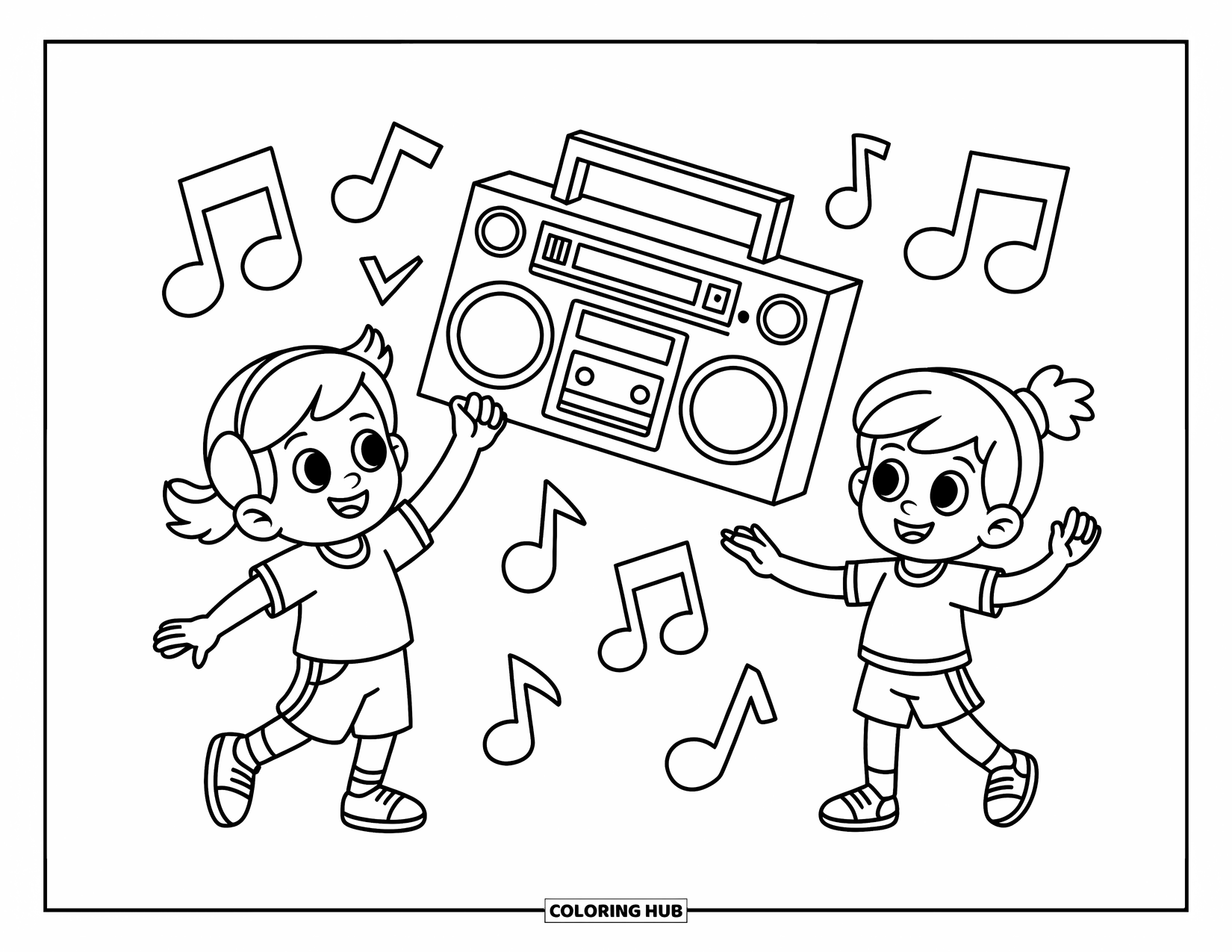 Coloriage de musique pour enfants : Des enfants dansent près d’un boombox avec des notes ludiques remplissant l’air