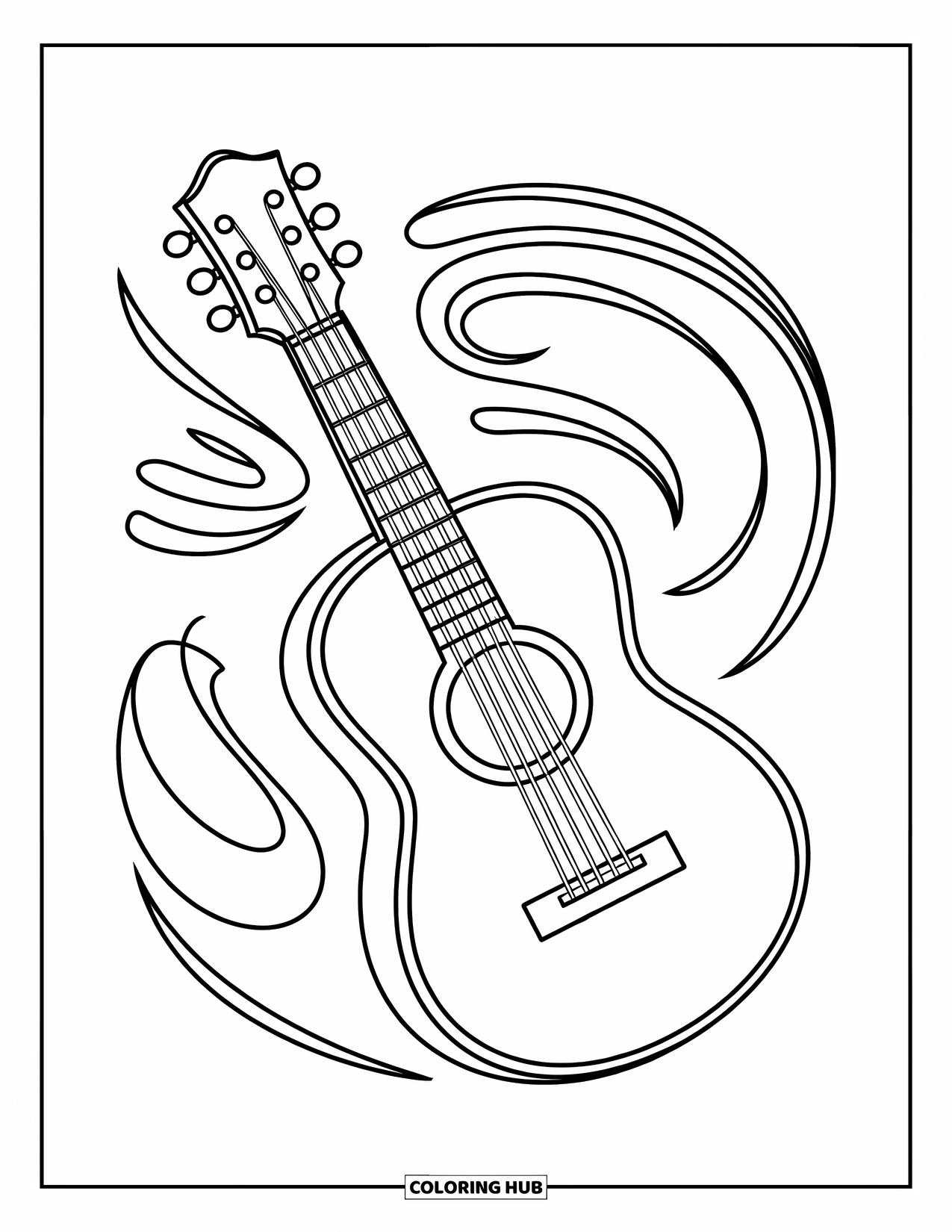 Coloriage de musique pour enfants : Une grande guitare avec des lignes de musique fluides et des formes joyeuses et arrondies