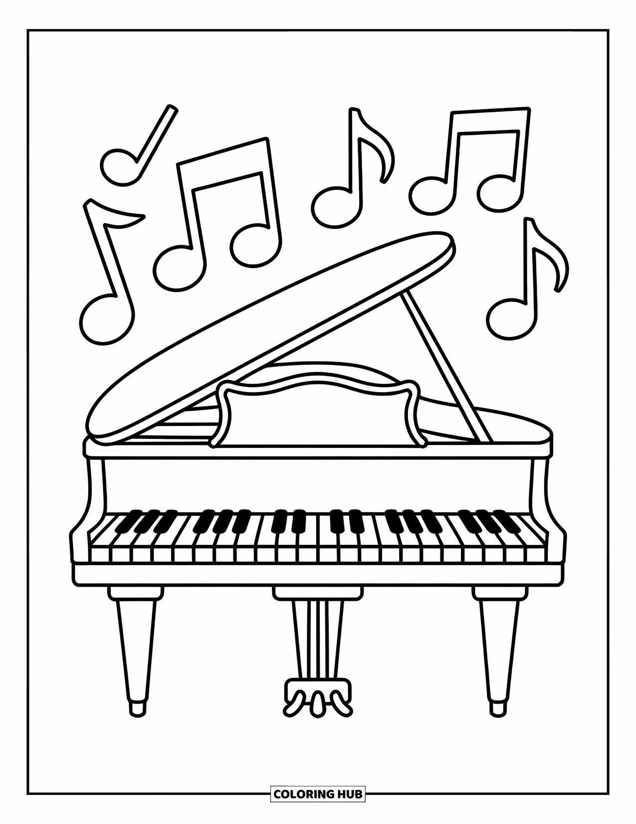 Coloriage de musique pour enfants : Un grand piano avec des notes flottantes et des formes ludiques tout autour