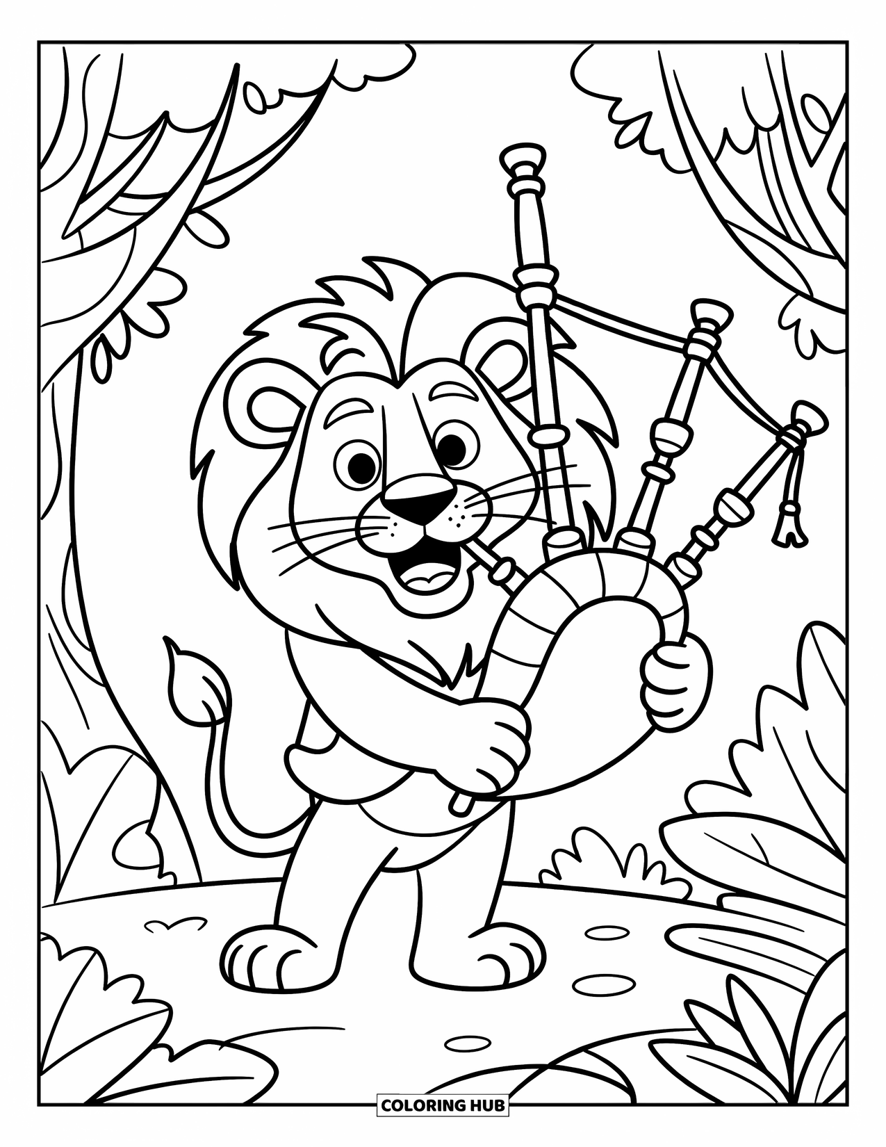 Coloriage de musique pour enfants : Un lion avec une cornemuse se tient dans une jungle luxuriante avec un grand sourire et une crinière tourbillonnante