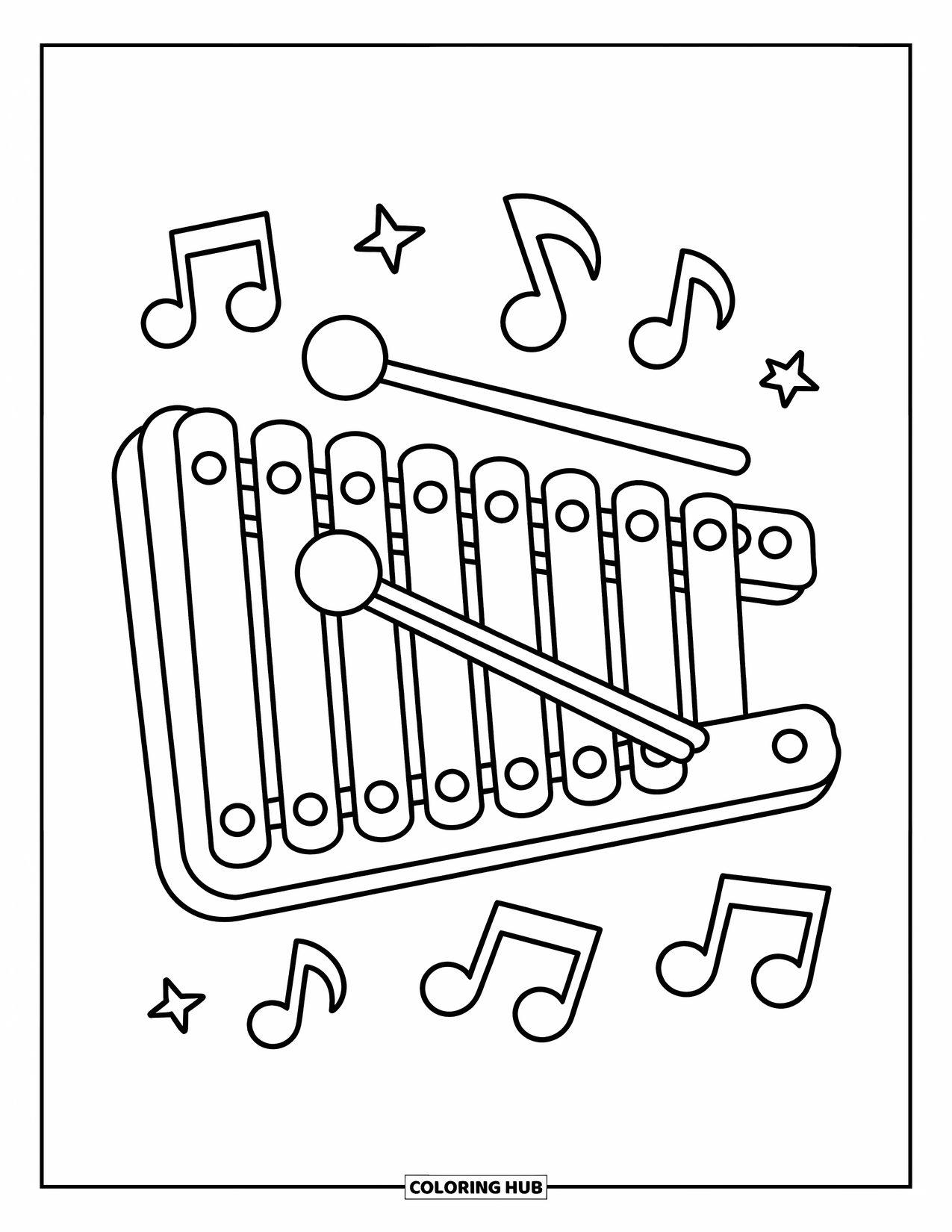 Coloriage de musique pour enfants : Des maillets reposent sur un xylophone entouré d’étoiles et de notes dans une mise en page amusante