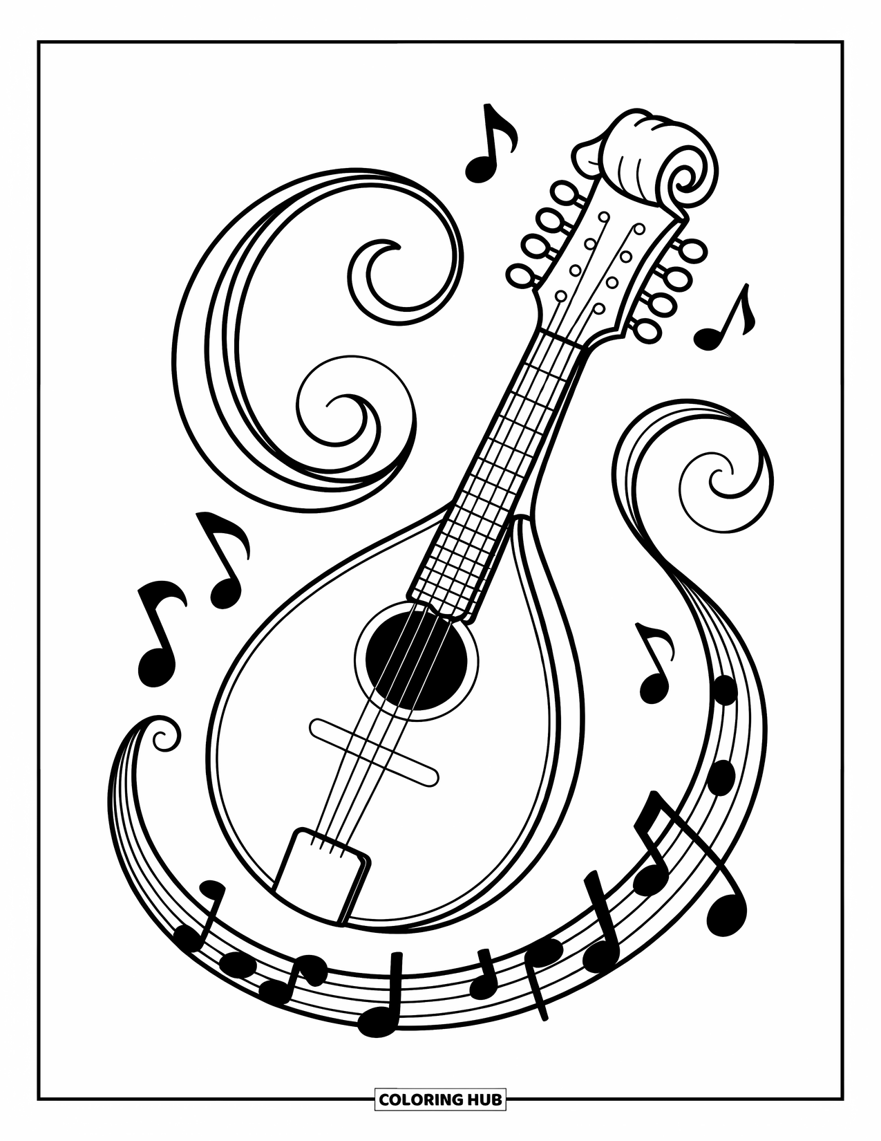 Coloriage de musique pour enfants : Une mandoline avec un manche en volute et une bordure musicale de tourbillons et de notes